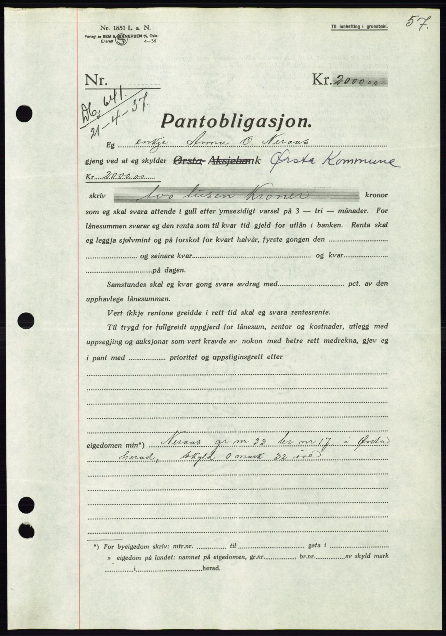 Søre Sunnmøre sorenskriveri, AV/SAT-A-4122/1/2/2C/L0063: Pantebok nr. 57, 1937-1937, Dagboknr: 641/1937