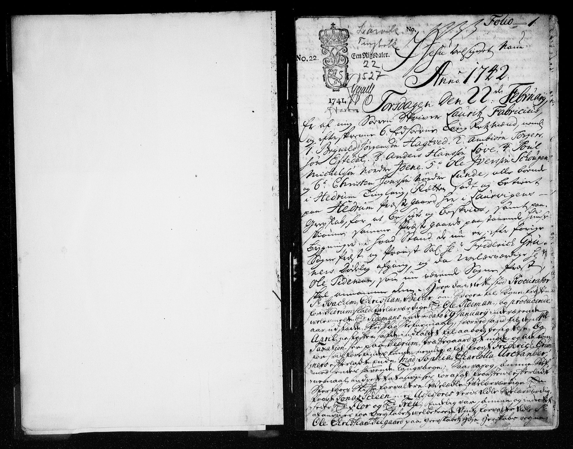 Larvik sorenskriveri, SAKO/A-83/F/Fa/L0022: Tingbok, 1742-1749, s. 1a