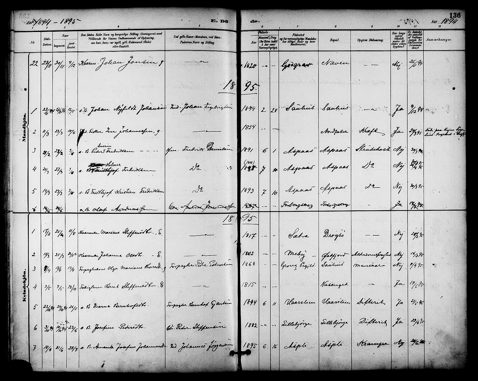 Ministerialprotokoller, klokkerbøker og fødselsregistre - Nordland, AV/SAT-A-1459/814/L0226: Ministerialbok nr. 814A07, 1886-1898, s. 136