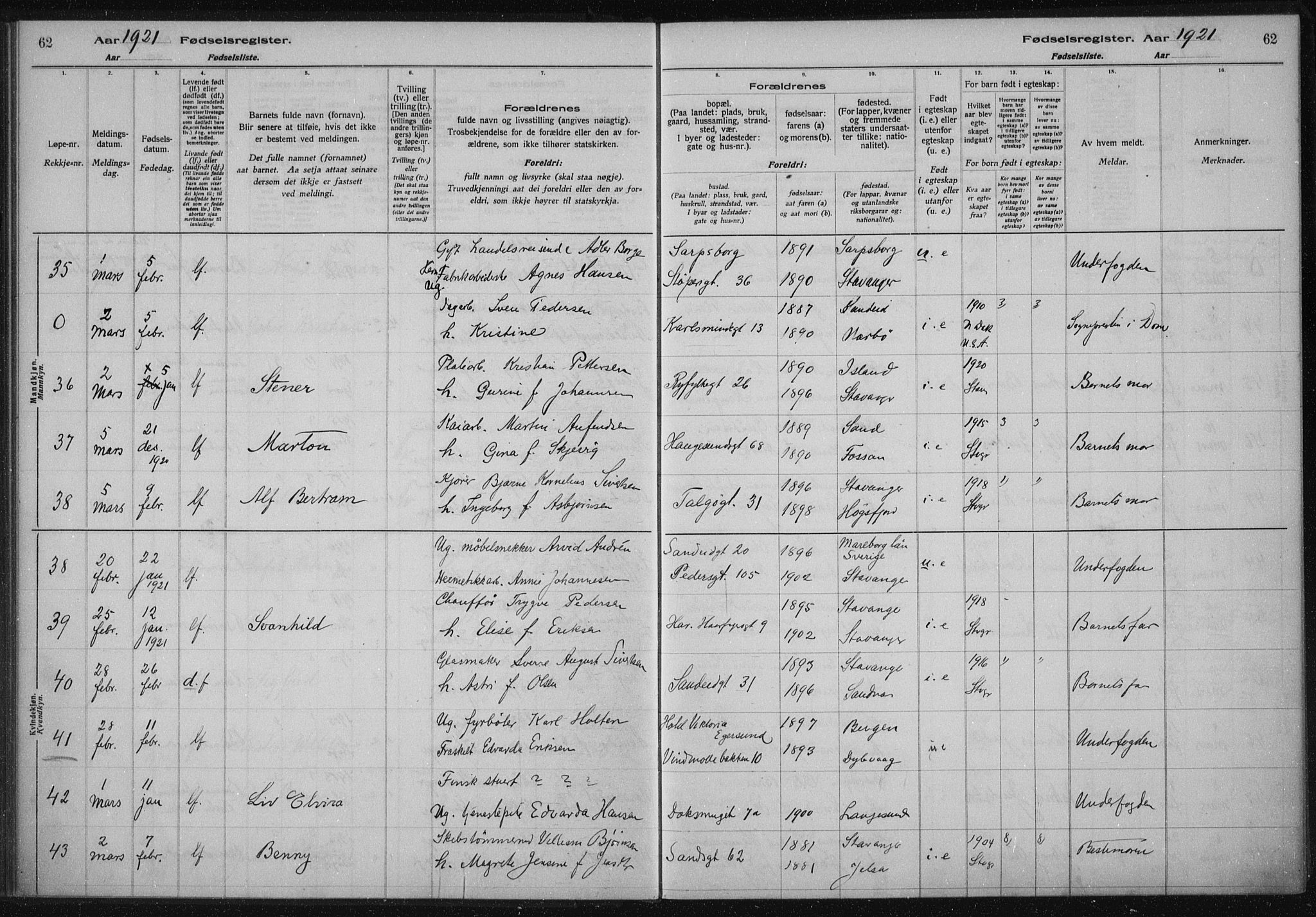 St. Johannes sokneprestkontor, AV/SAST-A-101814/002/A/L0002: Fødselsregister nr. 2, 1919-1924, s. 62