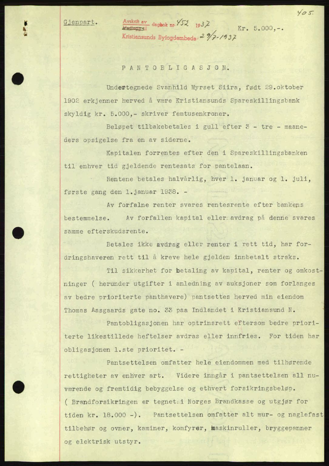 Kristiansund byfogd, AV/SAT-A-4587/A/27: Pantebok nr. 29, 1936-1937, Dagboknr: 452/1937