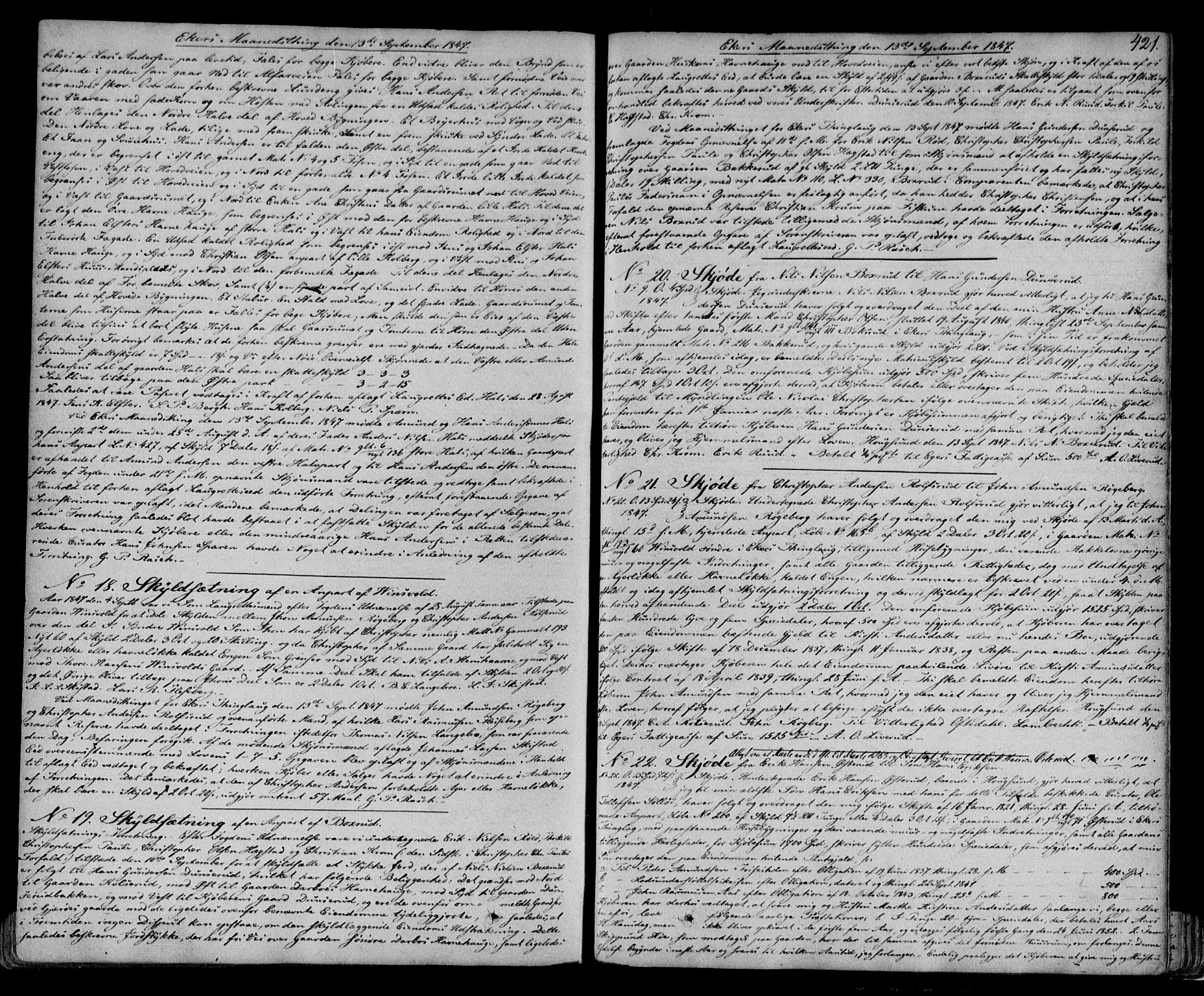 Eiker, Modum og Sigdal sorenskriveri, SAKO/A-123/G/Ga/Gaa/L0012a: Pantebok nr. I 12a, 1844-1848, s. 421