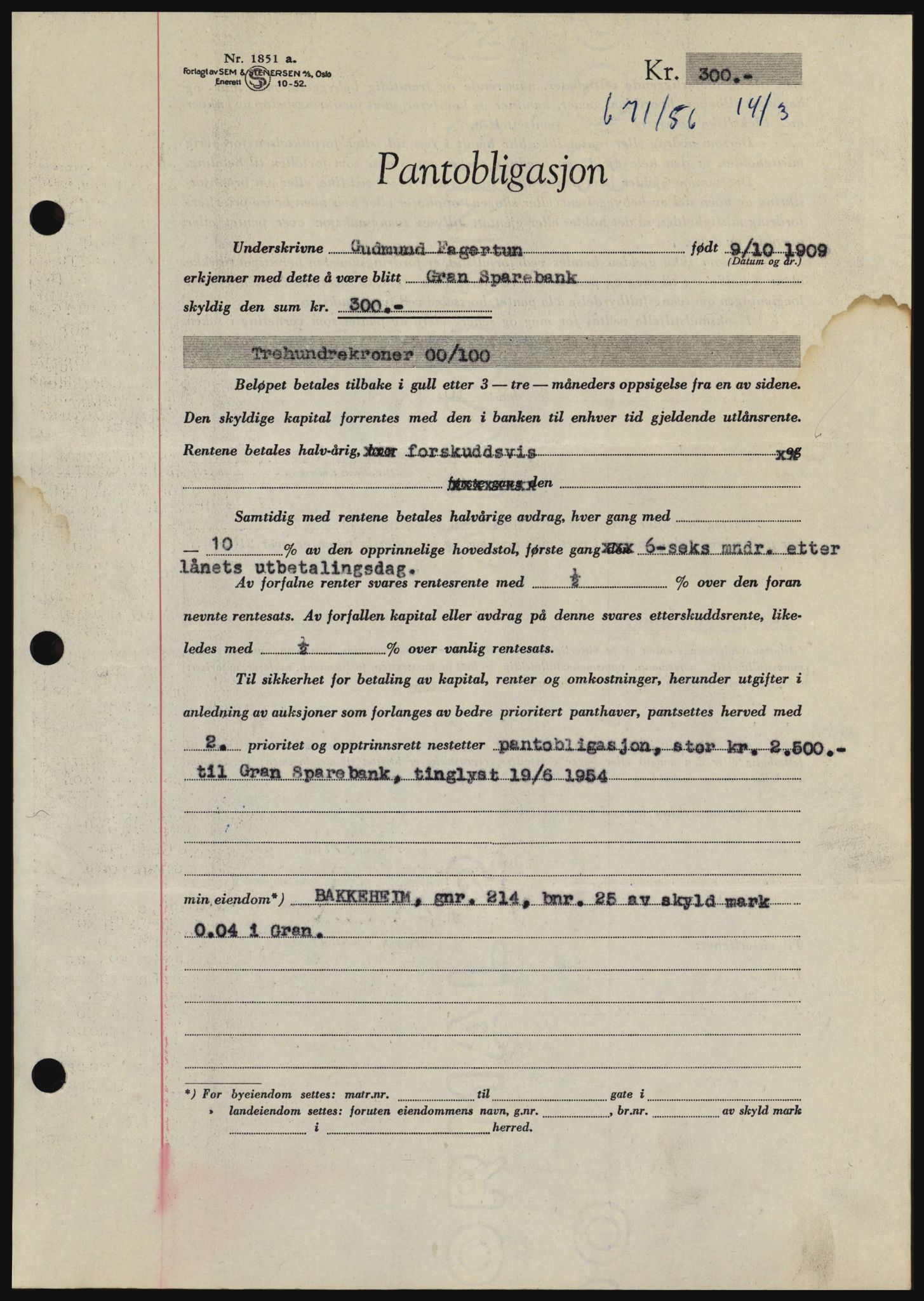 Hadeland og Land tingrett, SAH/TING-010/H/Hb/Hbc/L0033: Pantebok nr. B33, 1955-1956, Dagboknr: 671/1956