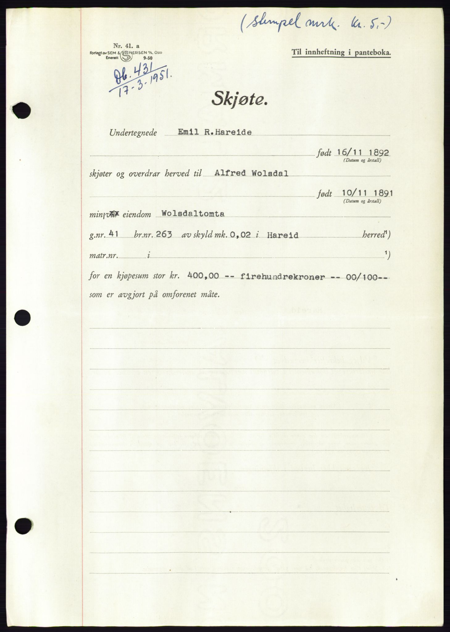 Søre Sunnmøre sorenskriveri, AV/SAT-A-4122/1/2/2C/L0089: Pantebok nr. 15A, 1951-1951, Dagboknr: 431/1951