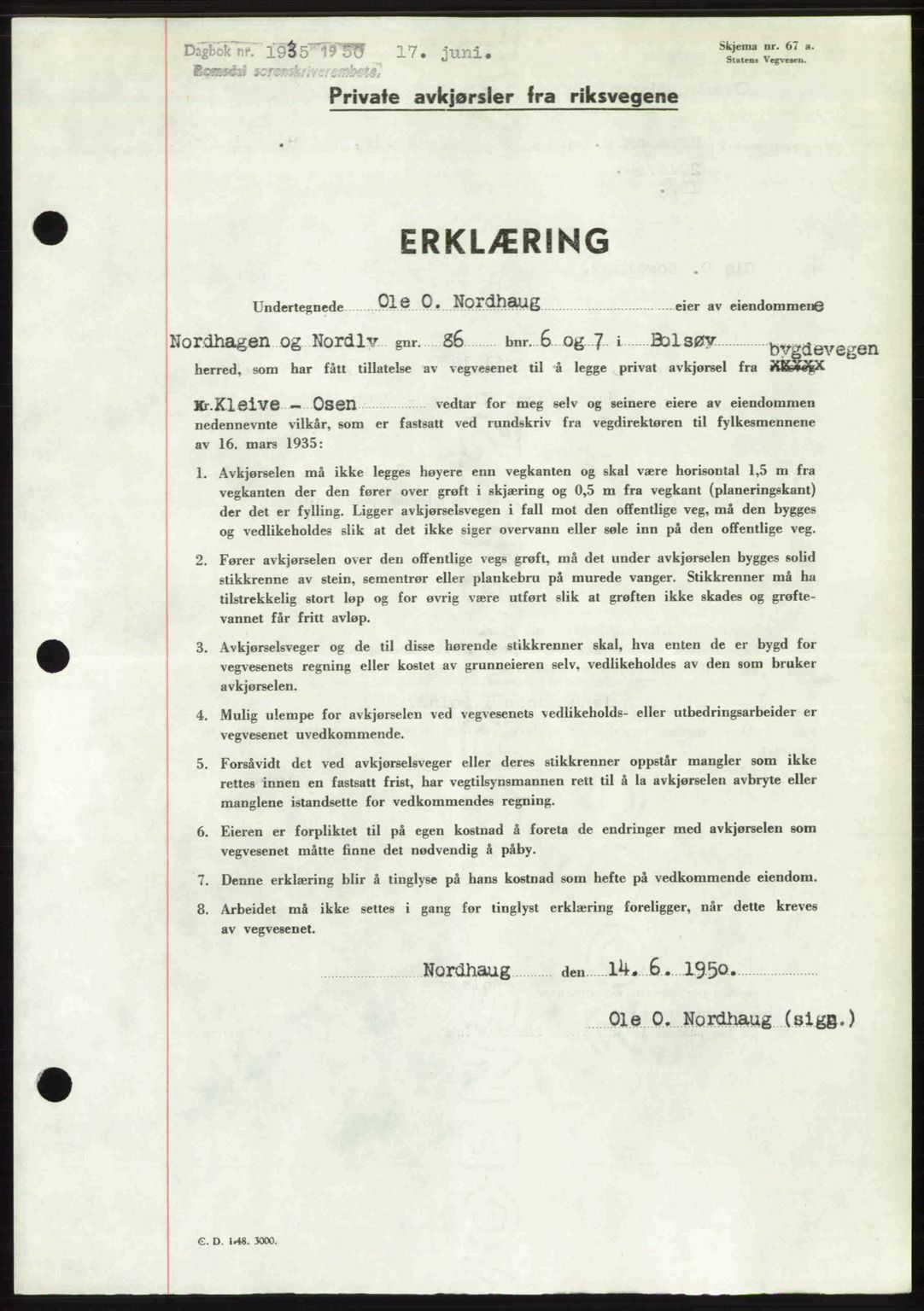 Romsdal sorenskriveri, SAT/A-4149/1/2/2C: Pantebok nr. A33, 1950-1950, Dagboknr: 1935/1950