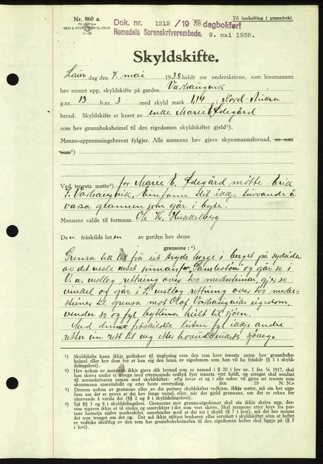 Romsdal sorenskriveri, SAT/A-4149/1/2/2C: Pantebok nr. A5, 1938-1938, Dagboknr: 1212/1938