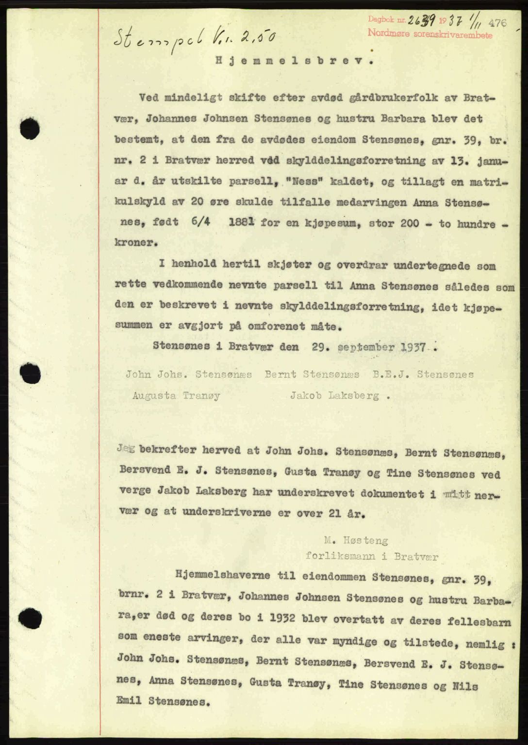 Nordmøre sorenskriveri, SAT/A-4132/1/2/2Ca: Pantebok nr. A82, 1937-1938, Dagboknr: 2639/1937