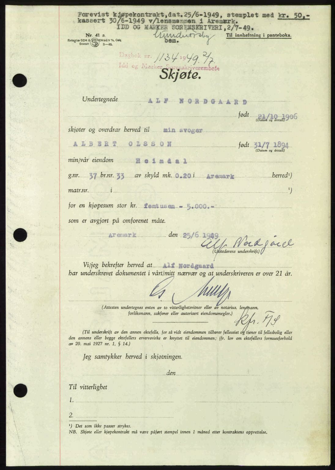 Idd og Marker sorenskriveri, AV/SAO-A-10283/G/Gb/Gbb/L0012: Pantebok nr. A12, 1949-1949, Dagboknr: 524/1949