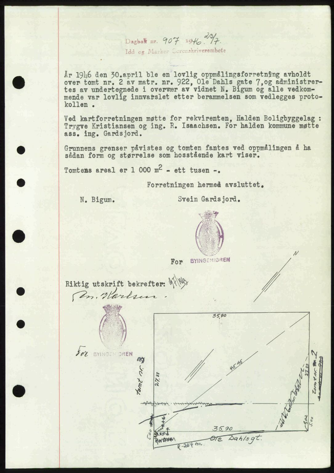 Idd og Marker sorenskriveri, AV/SAO-A-10283/G/Gb/Gbb/L0008: Pantebok nr. A8, 1946-1946, Dagboknr: 907/1946