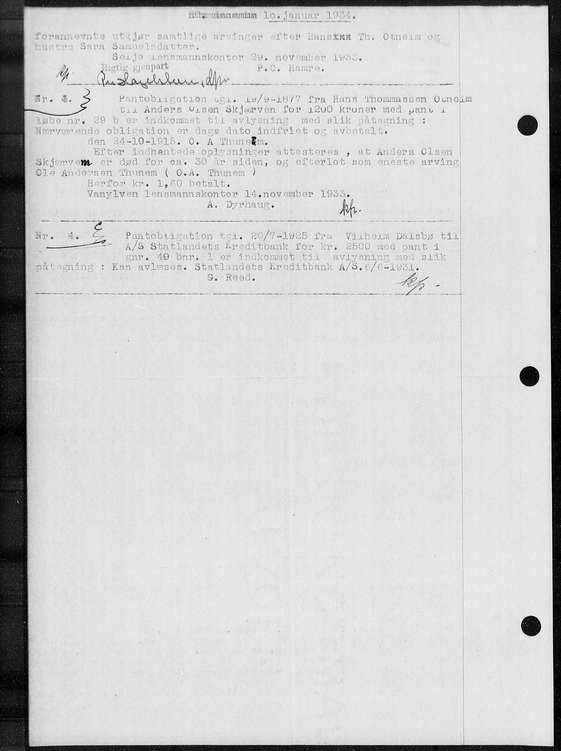 Nordfjord sorenskriveri, AV/SAB-A-2801/02/02b/02ba/L0077: Pantebok nr. II.B.a.77, 1933-1934, Tingl.dato: 10.01.1934