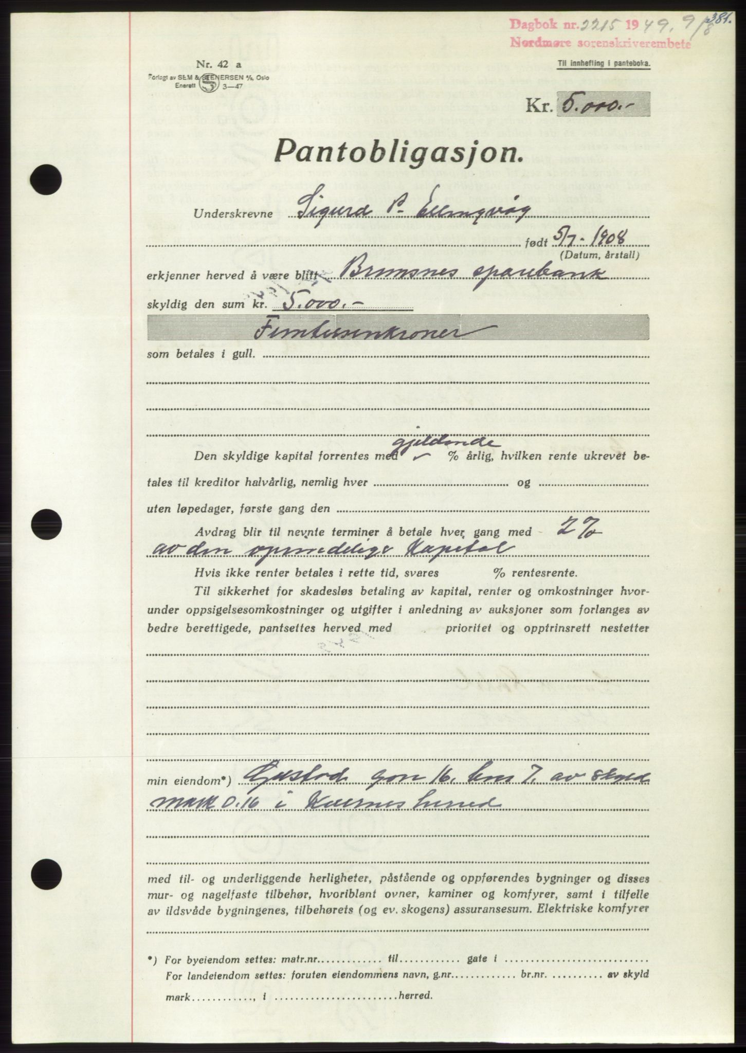 Nordmøre sorenskriveri, SAT/A-4132/1/2/2Ca: Pantebok nr. B102, 1949-1949, Dagboknr: 2215/1949
