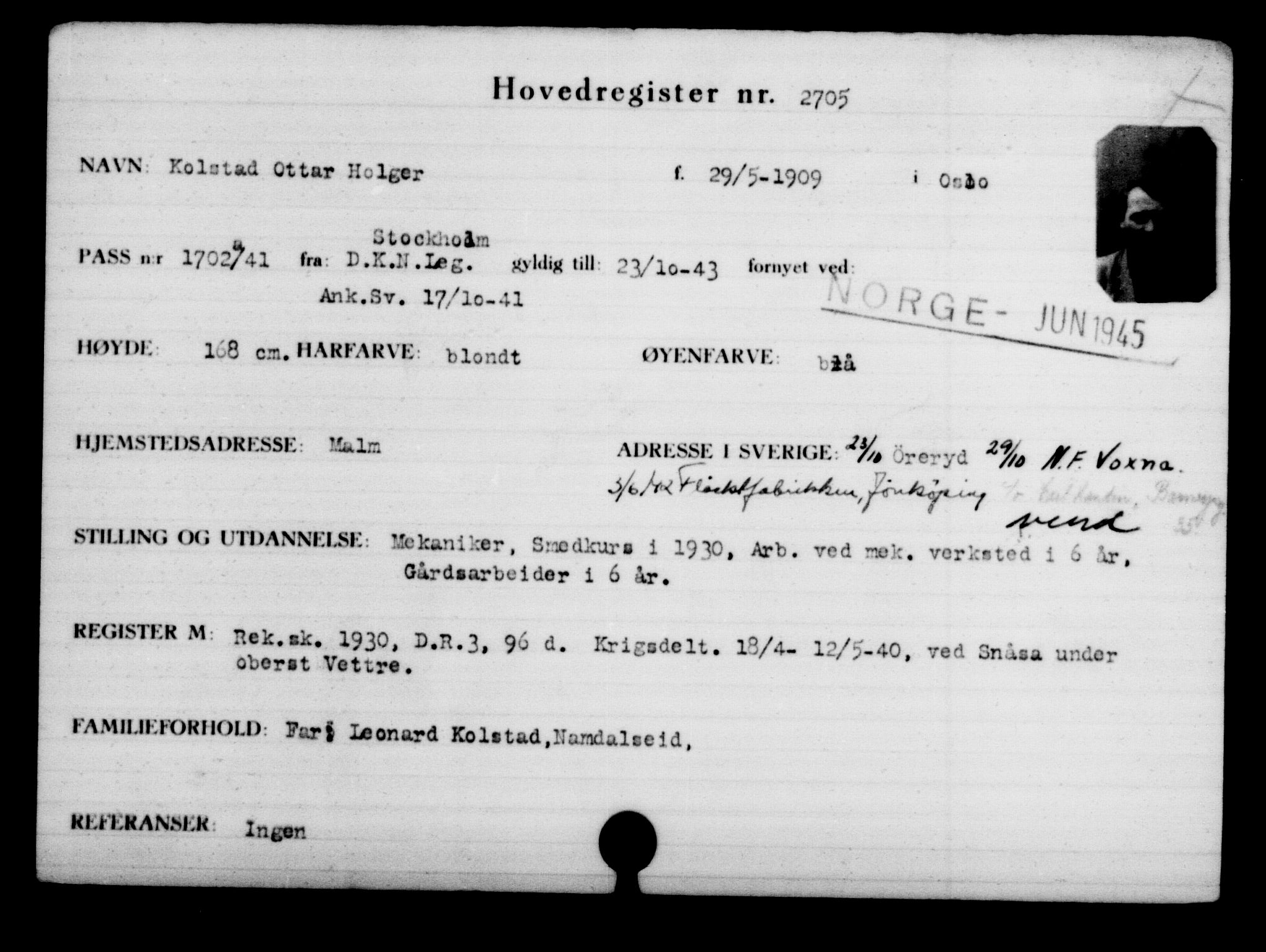 Utenriksstasjonene, Legasjonen i Stockholm, Flyktningkontoret, AV/RA-S-6753/V/Va/L0003: Kjesäterkartoteket, flyktninger med registreringsnr. 2001-3495, 1940-1945, s. 685