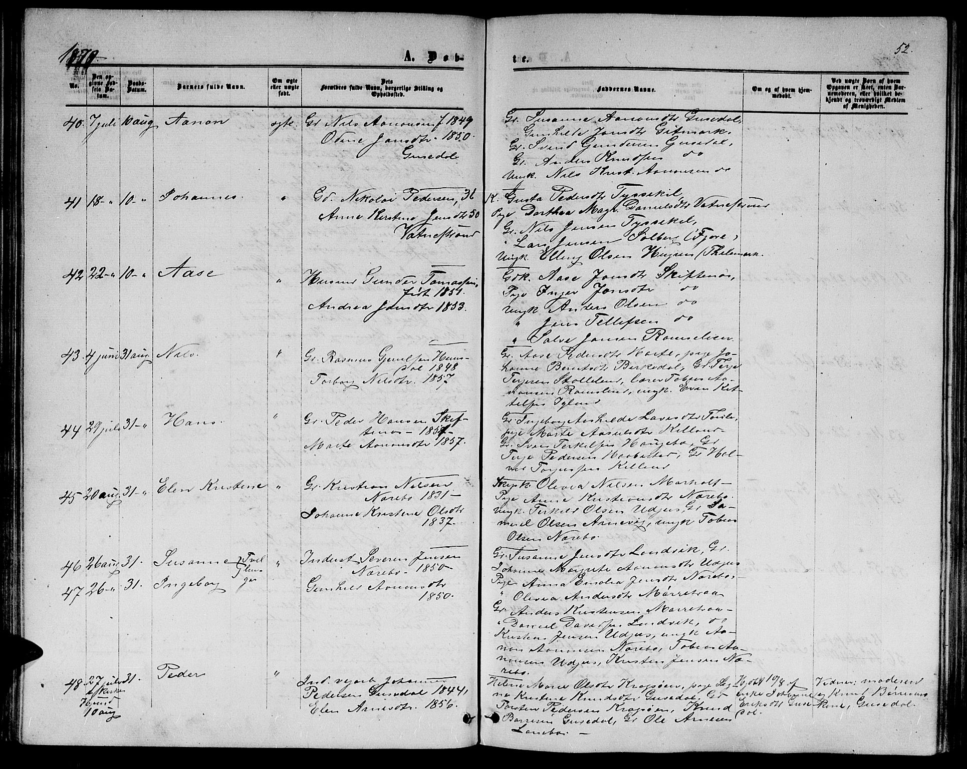 Hommedal sokneprestkontor, AV/SAK-1111-0023/F/Fb/Fbb/L0006: Klokkerbok nr. B 6, 1869-1884, s. 52