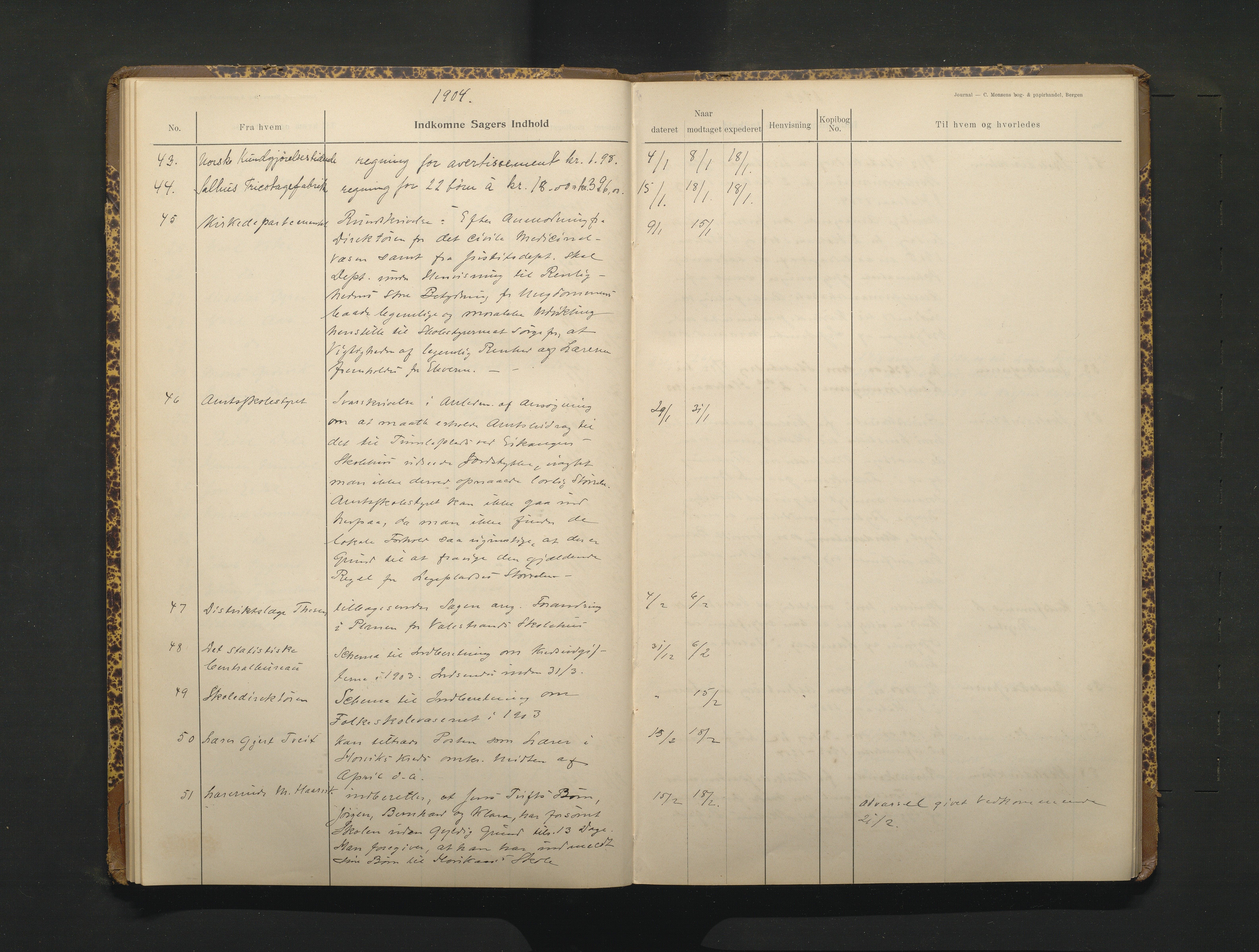 Hamre kommune. Skulestyret, IKAH/1254-211/C/Ca/L0003: Postjournal for Hamre skulestyre, 1901-1916