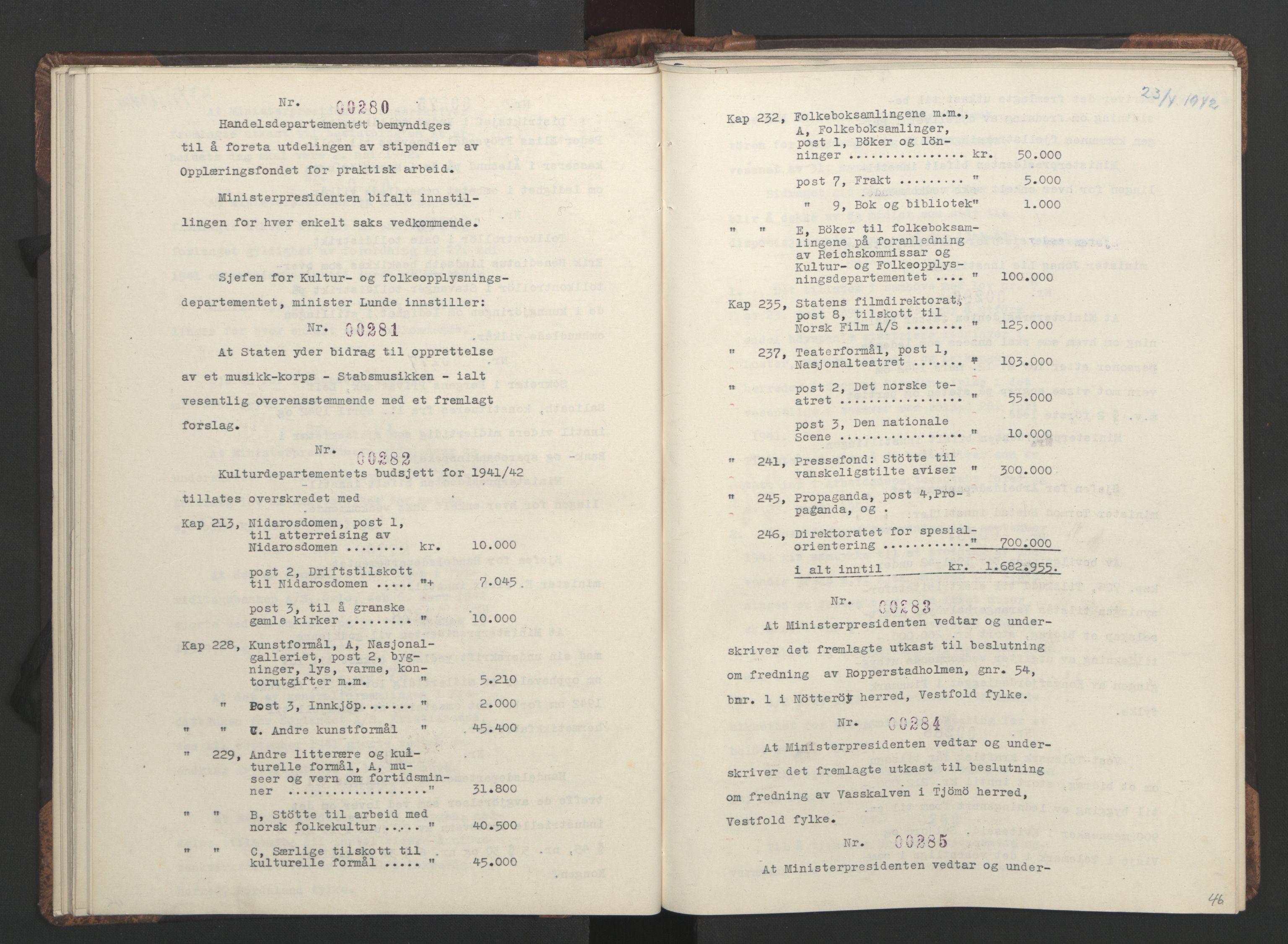 NS-administrasjonen 1940-1945 (Statsrådsekretariatet, de kommisariske statsråder mm), RA/S-4279/D/Da/L0001: Beslutninger og tillegg (1-952 og 1-32), 1942, s. 49