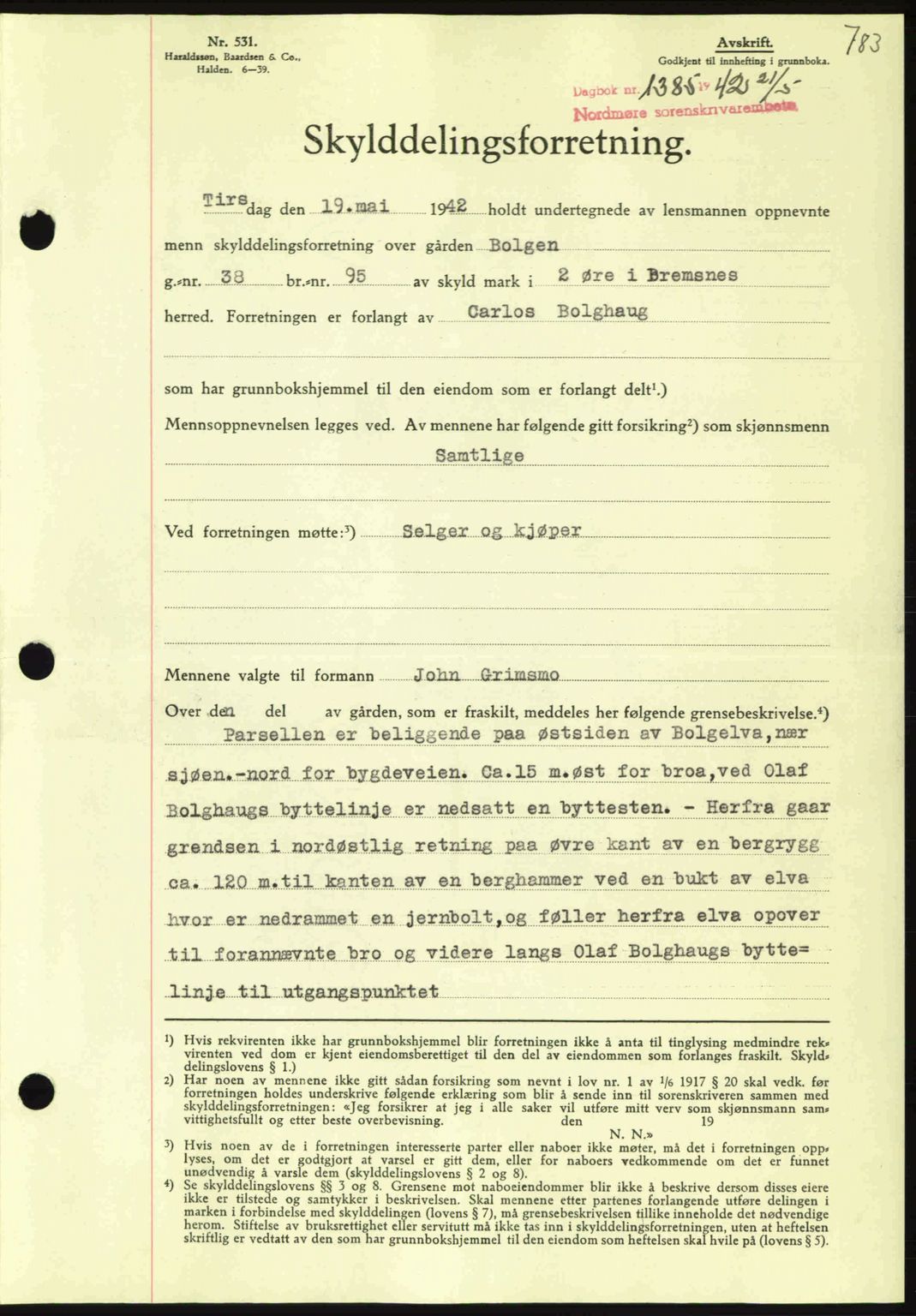 Nordmøre sorenskriveri, SAT/A-4132/1/2/2Ca: Pantebok nr. A92, 1942-1942, Dagboknr: 1385/1942
