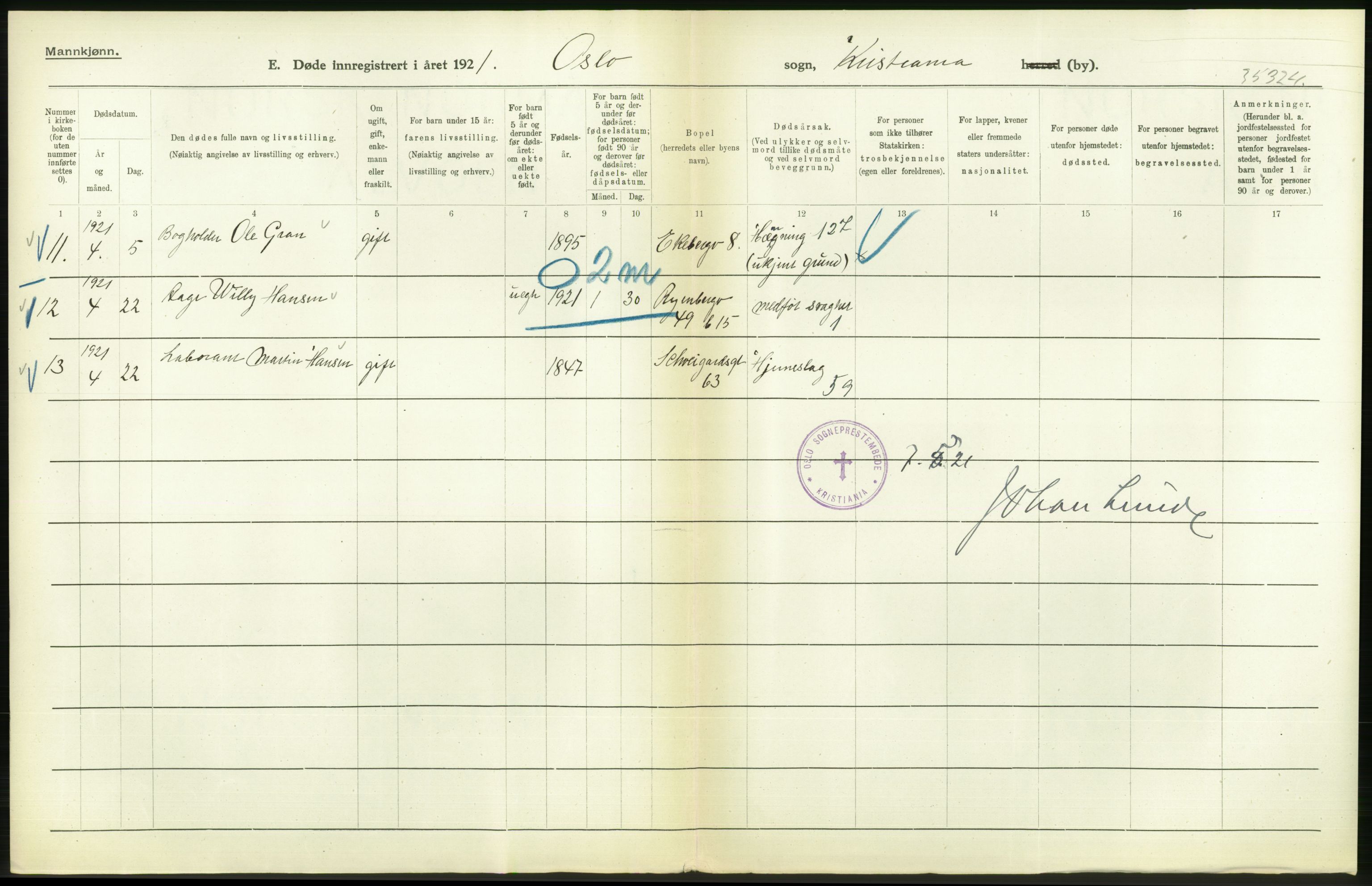 Statistisk sentralbyrå, Sosiodemografiske emner, Befolkning, AV/RA-S-2228/D/Df/Dfc/Dfca/L0013: Kristiania: Døde, dødfødte, 1921, s. 302