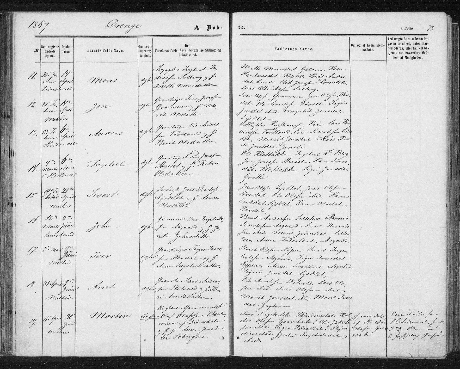 Ministerialprotokoller, klokkerbøker og fødselsregistre - Sør-Trøndelag, SAT/A-1456/691/L1077: Ministerialbok nr. 691A09, 1862-1873, s. 73