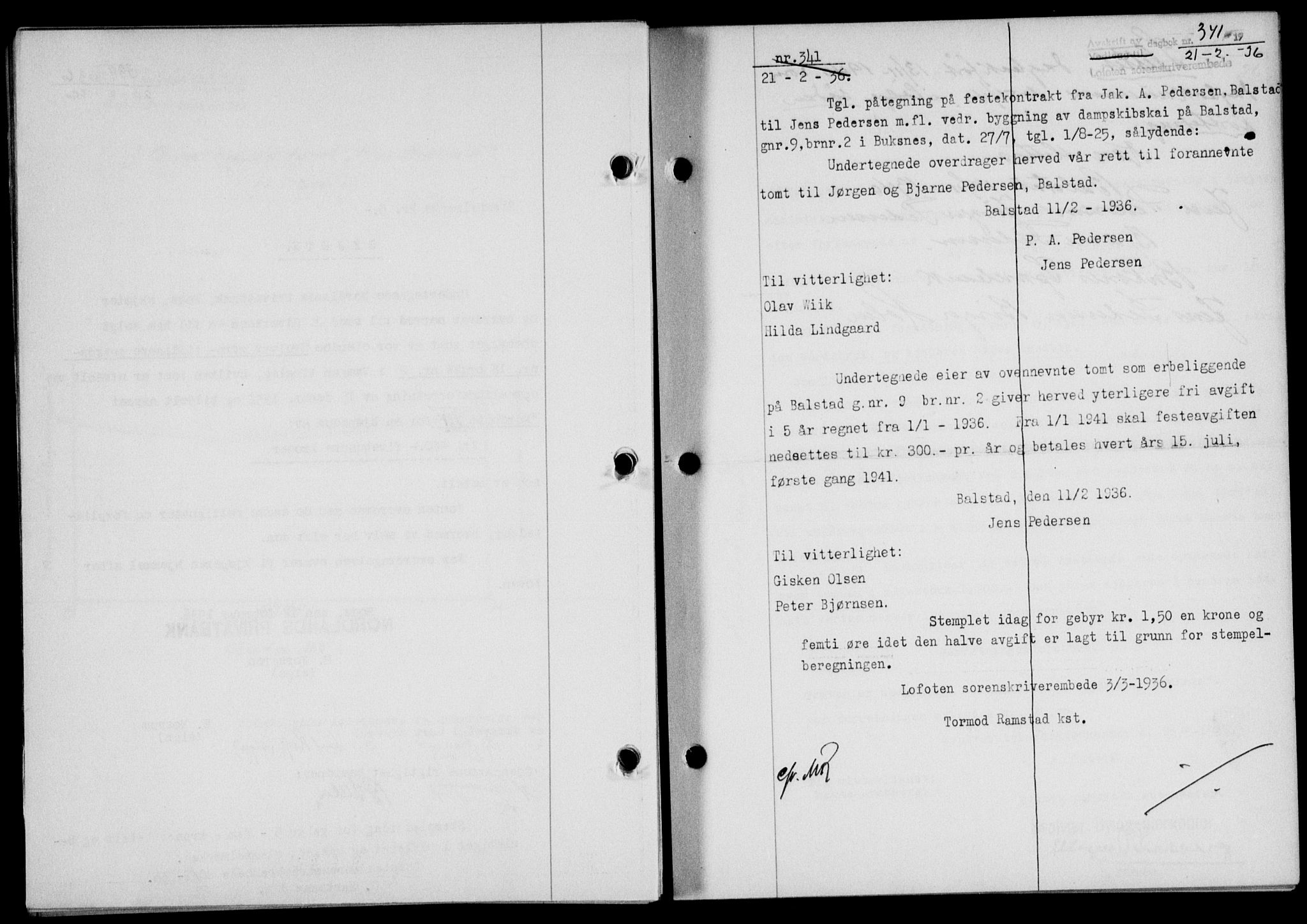 Lofoten sorenskriveri, SAT/A-0017/1/2/2C/L0033b: Pantebok nr. 33b, 1936-1936, Dagboknr: 341/1936