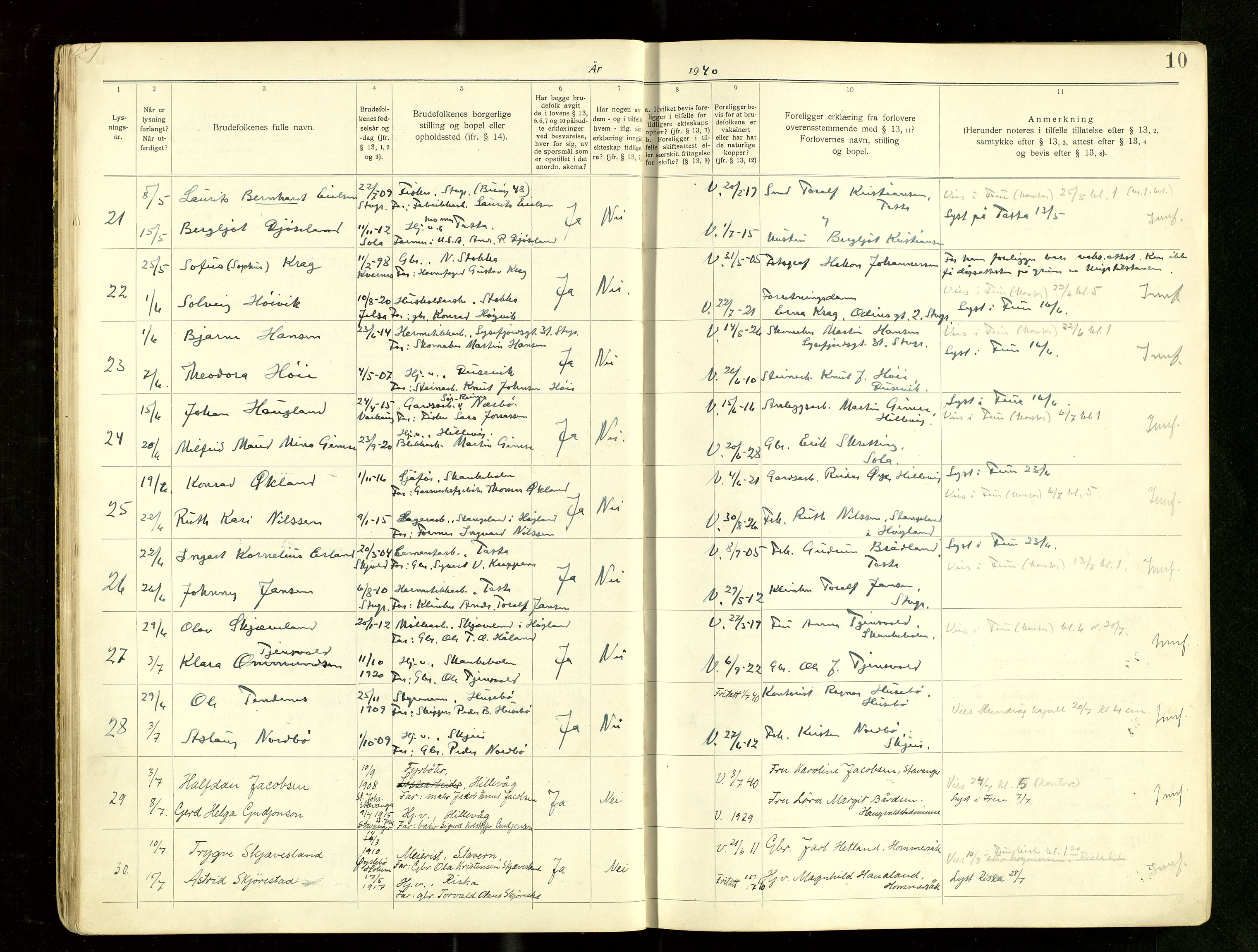 Hetland sokneprestkontor, AV/SAST-A-101826/70/705BA/L0007: Lysningsprotokoll nr. 7, 1939-1951, s. 10