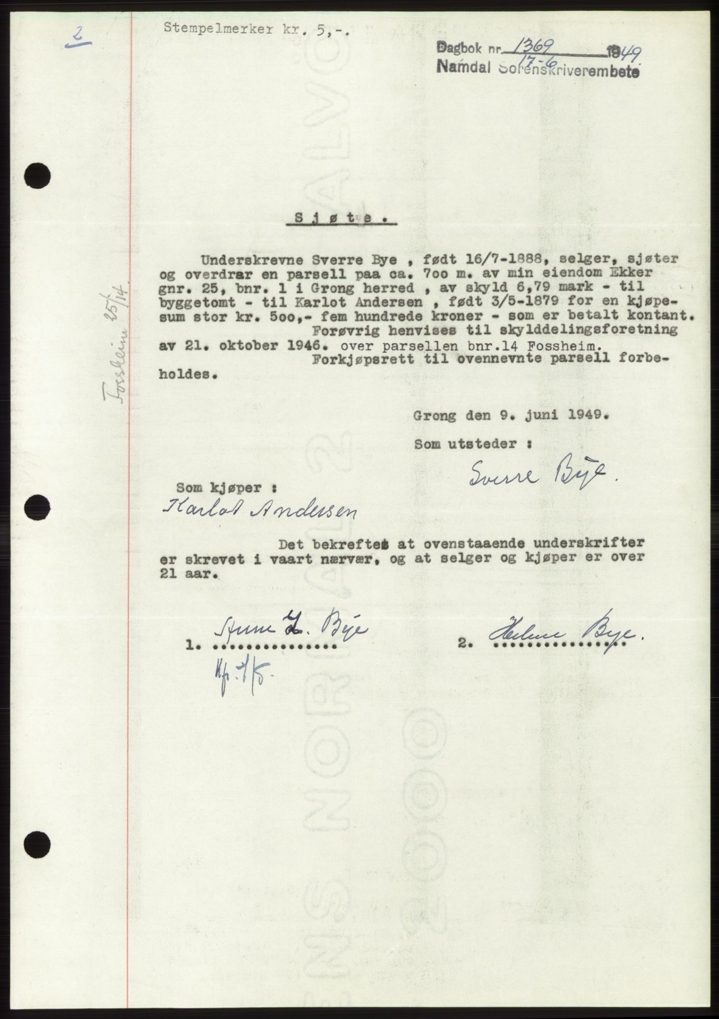 Namdal sorenskriveri, SAT/A-4133/1/2/2C: Pantebok nr. -, 1949-1949, Dagboknr: 1369/1949