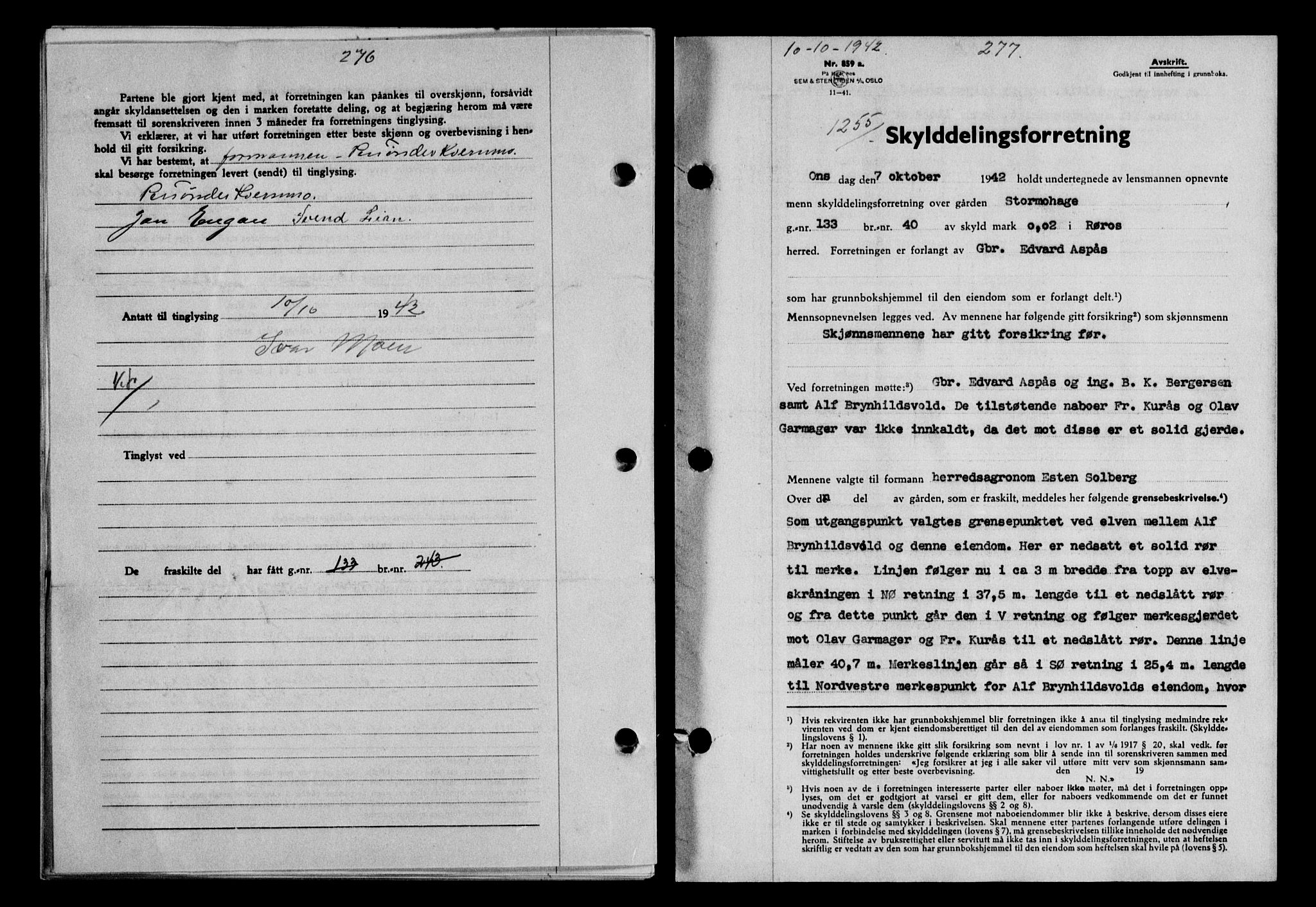 Gauldal sorenskriveri, SAT/A-0014/1/2/2C/L0055: Pantebok nr. 60, 1942-1942, Dagboknr: 1255/1942
