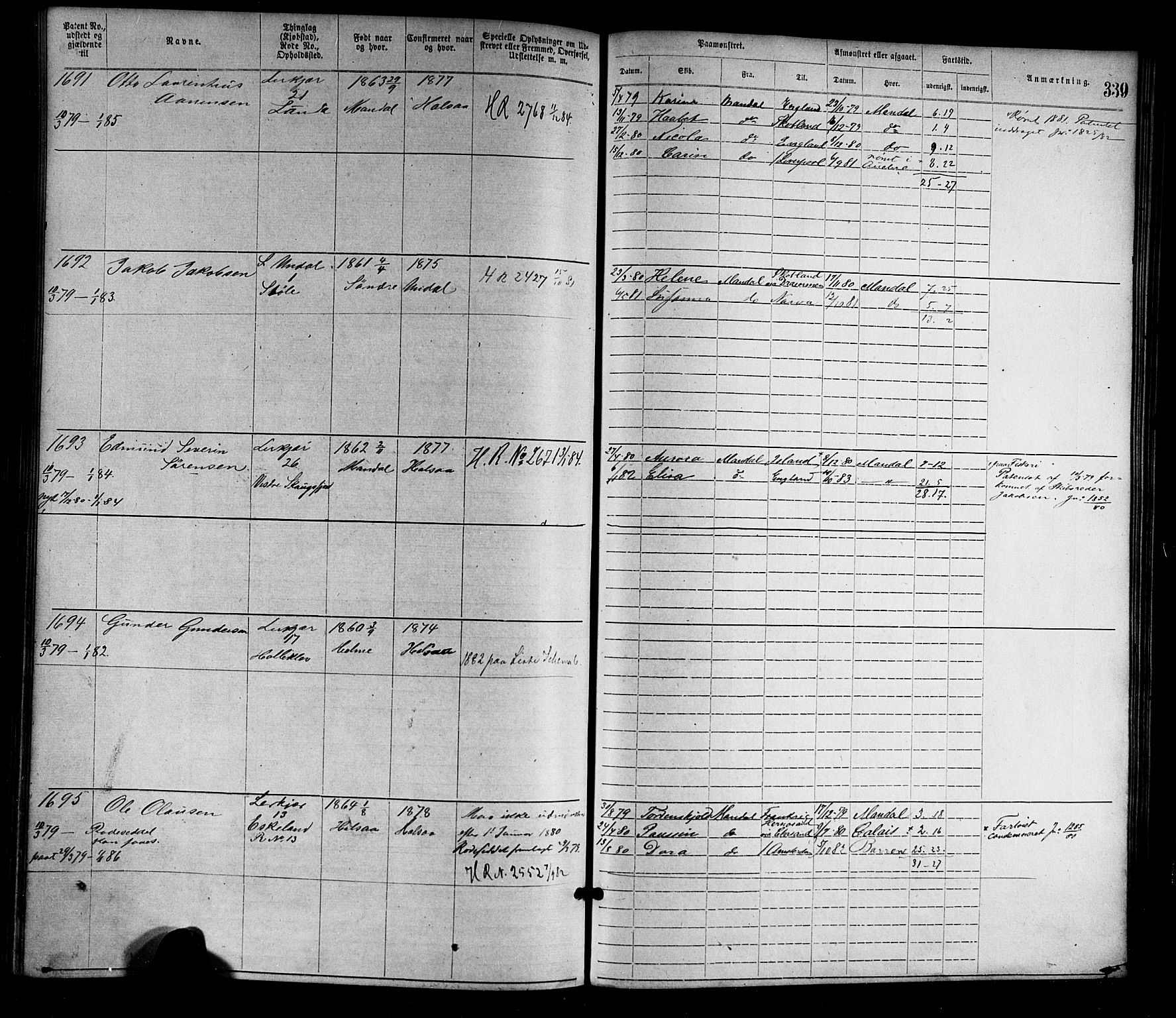 Mandal mønstringskrets, SAK/2031-0016/F/Fa/L0001: Annotasjonsrulle nr 1-1920 med register, L-3, 1869-1881, s. 377