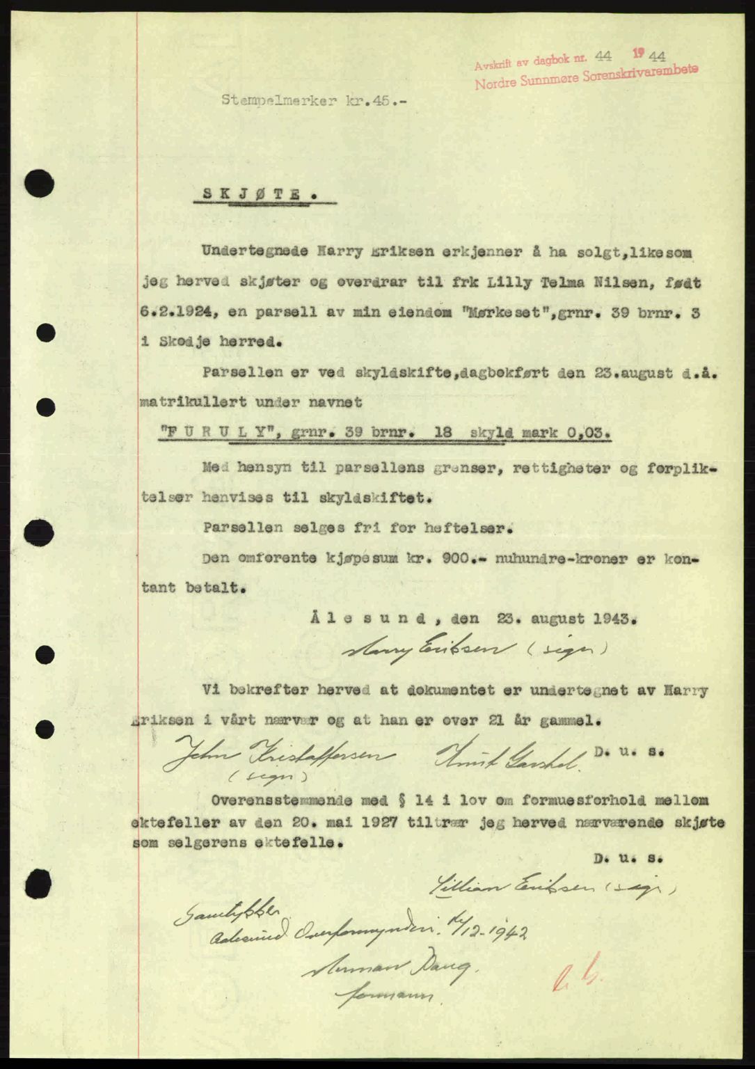 Nordre Sunnmøre sorenskriveri, AV/SAT-A-0006/1/2/2C/2Ca: Pantebok nr. A17, 1943-1944, Dagboknr: 44/1944