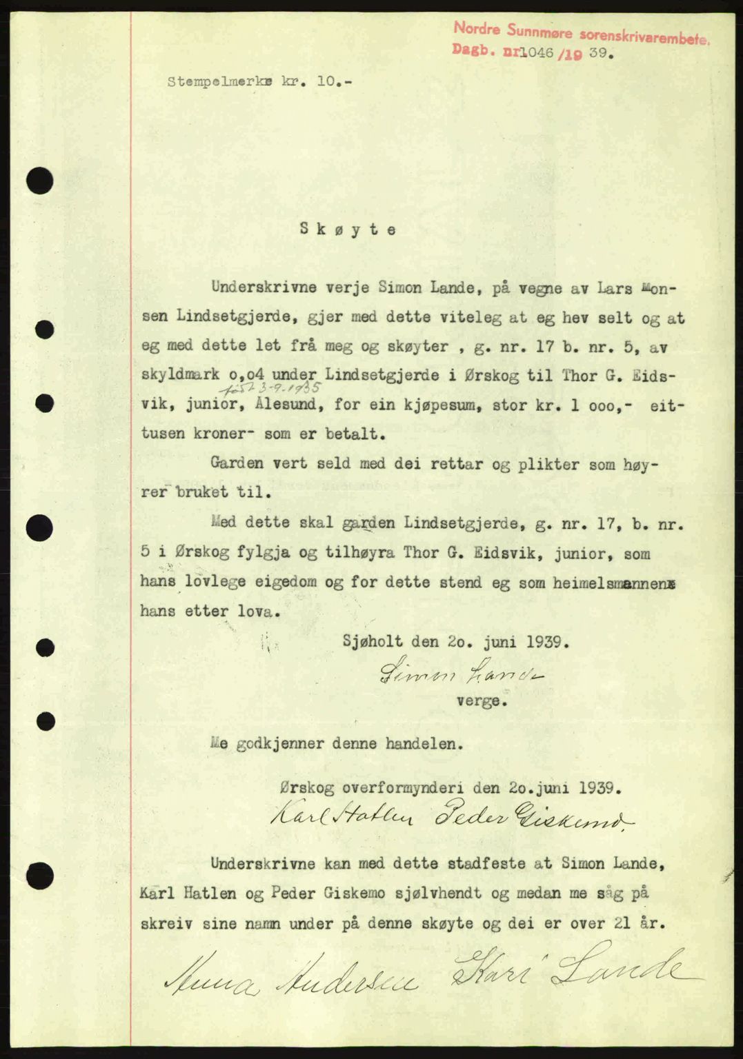 Nordre Sunnmøre sorenskriveri, SAT/A-0006/1/2/2C/2Ca: Pantebok nr. A7, 1939-1939, Dagboknr: 1046/1939