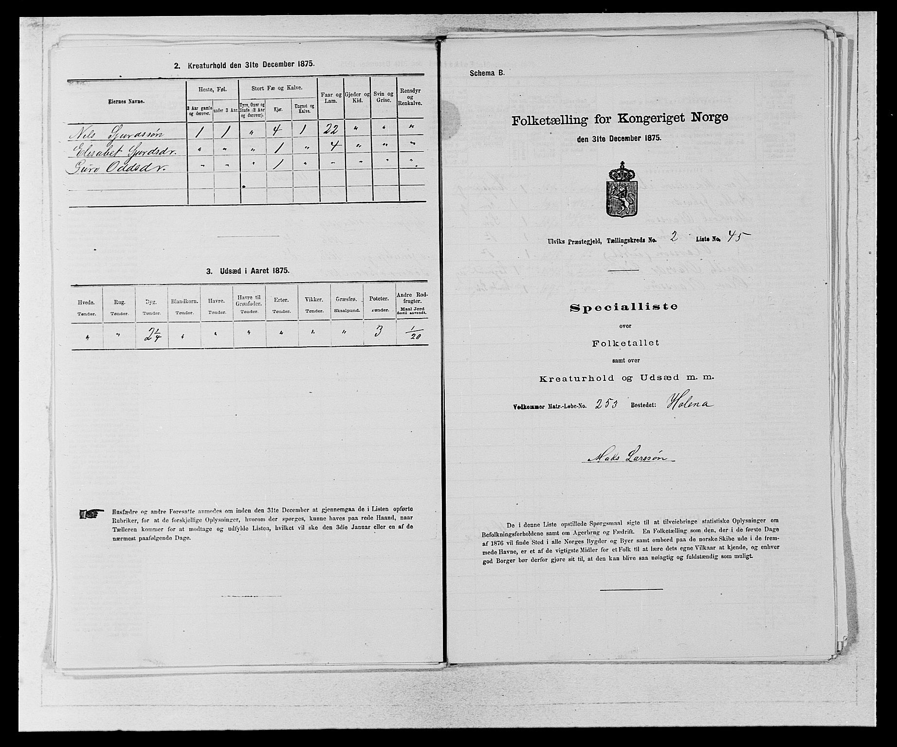 SAB, Folketelling 1875 for 1233P Ulvik prestegjeld, 1875, s. 391