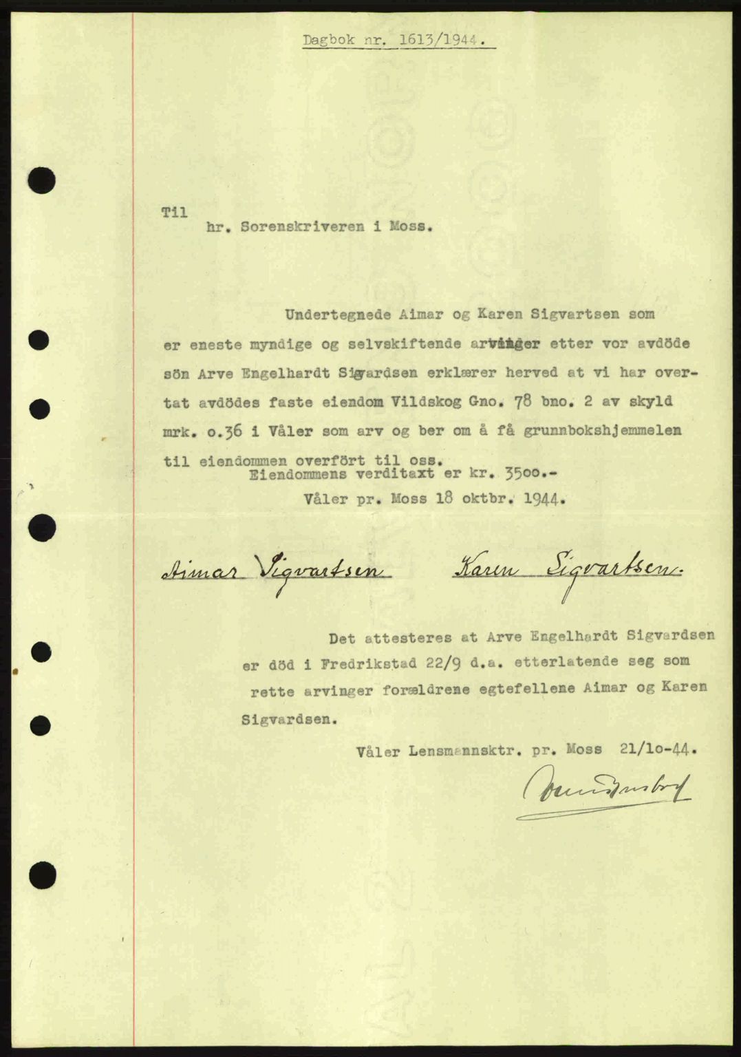 Moss sorenskriveri, SAO/A-10168: Pantebok nr. A13, 1944-1945, Dagboknr: 1613/1944