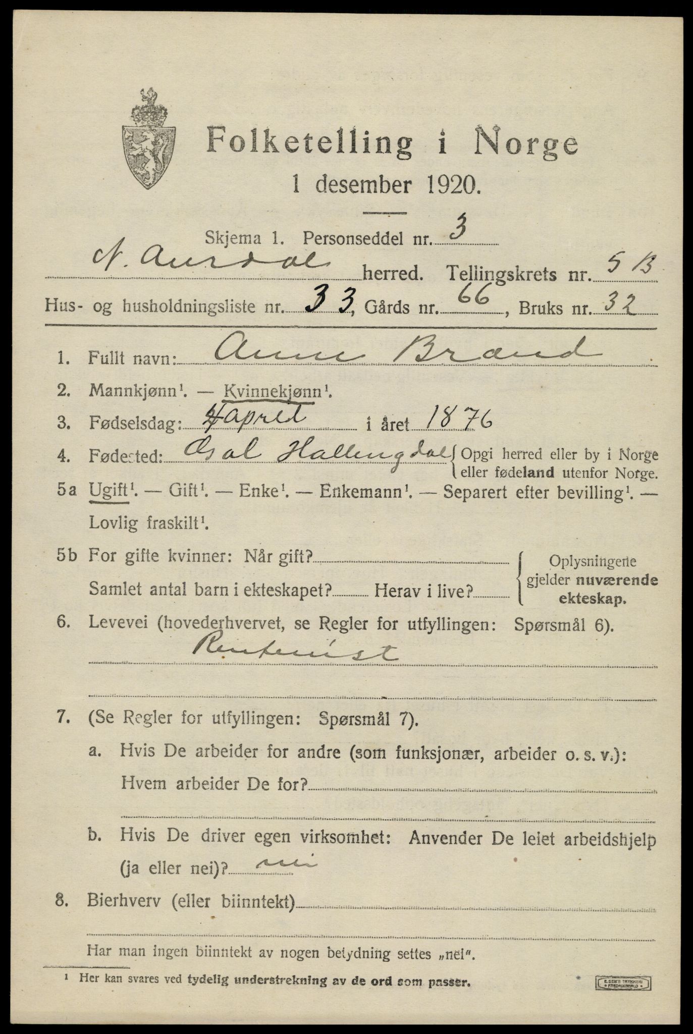 SAH, Folketelling 1920 for 0542 Nord-Aurdal herred, 1920, s. 5544