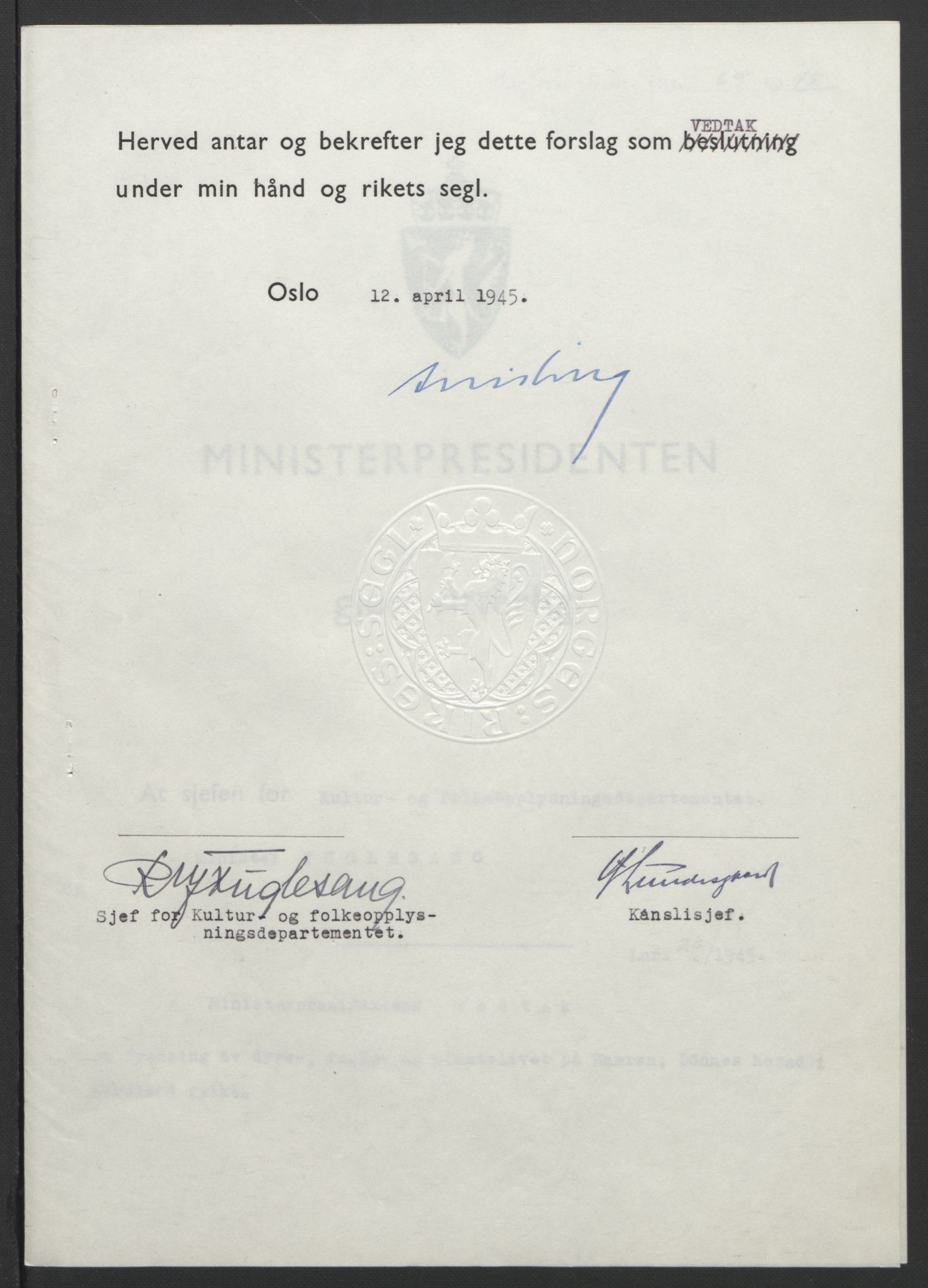 NS-administrasjonen 1940-1945 (Statsrådsekretariatet, de kommisariske statsråder mm), RA/S-4279/D/Db/L0101/0001: -- / Lover og vedtak, 1945, s. 244