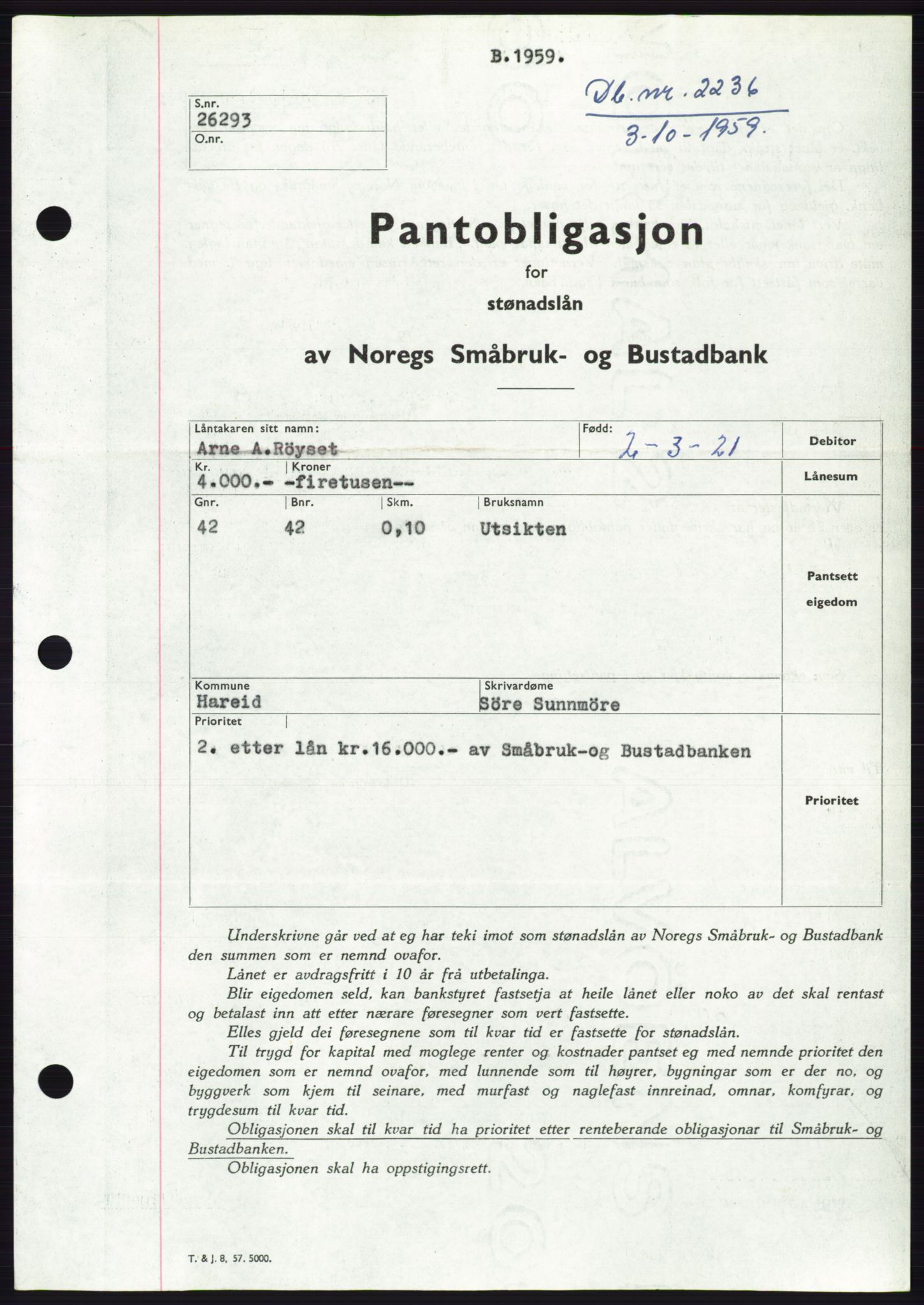 Søre Sunnmøre sorenskriveri, SAT/A-4122/1/2/2C/L0133: Pantebok nr. 21B, 1959-1959, Dagboknr: 2236/1959