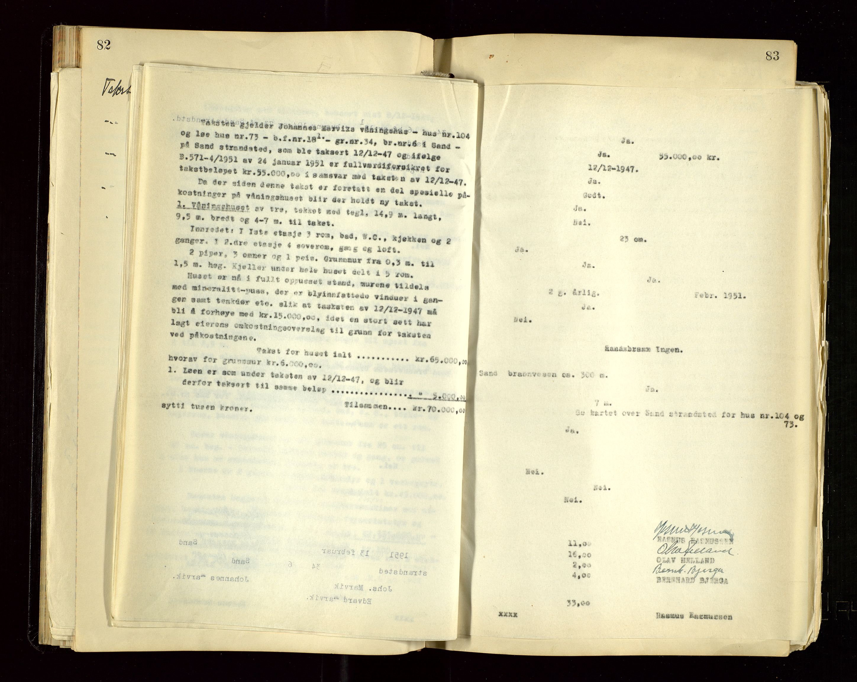 Sand lensmannskontor, AV/SAST-A-100415/Gob/L0004: Branntakstprotokoll, 1937-1955, s. 82-83