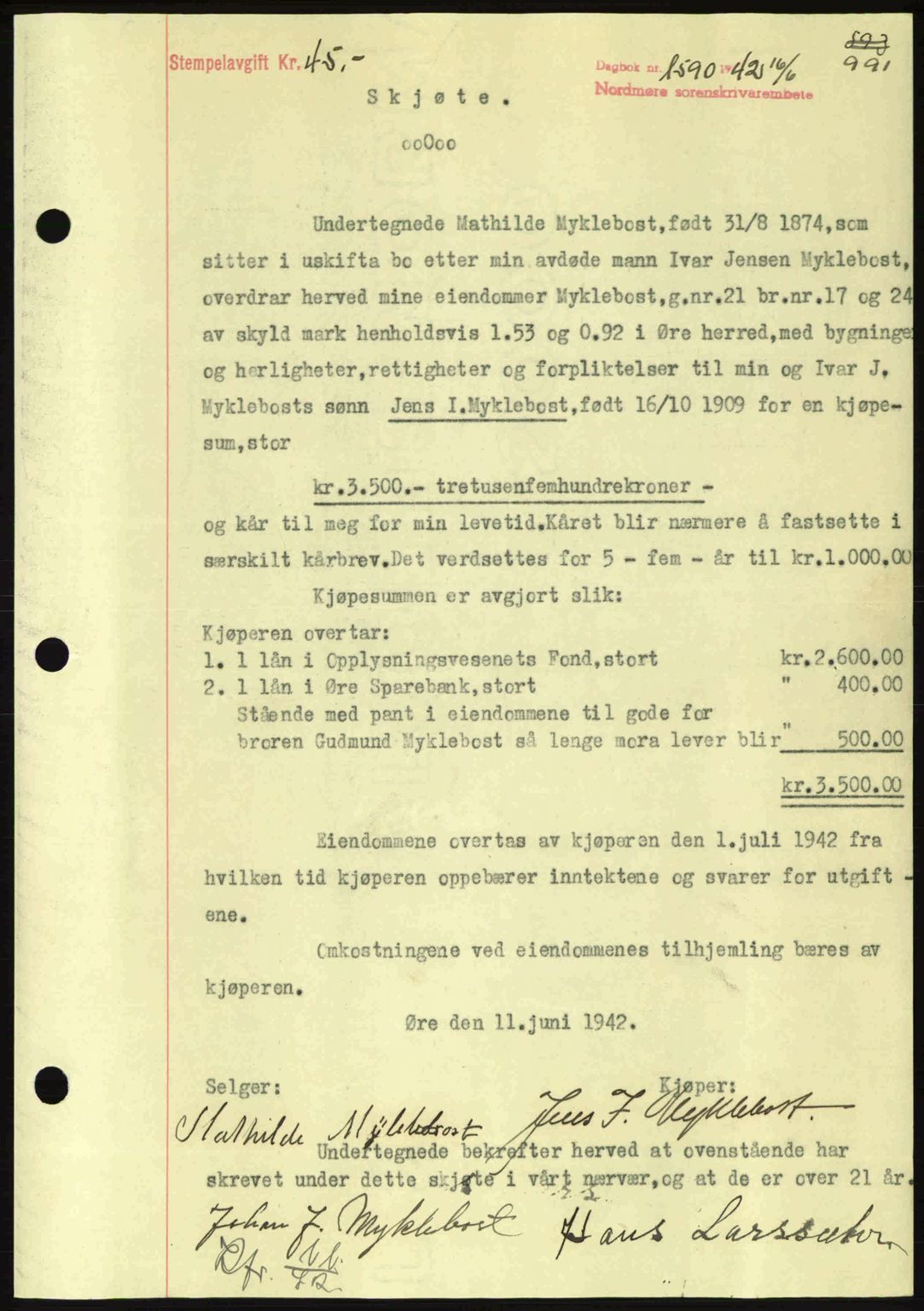 Nordmøre sorenskriveri, SAT/A-4132/1/2/2Ca: Pantebok nr. A92, 1942-1942, Dagboknr: 1590/1942