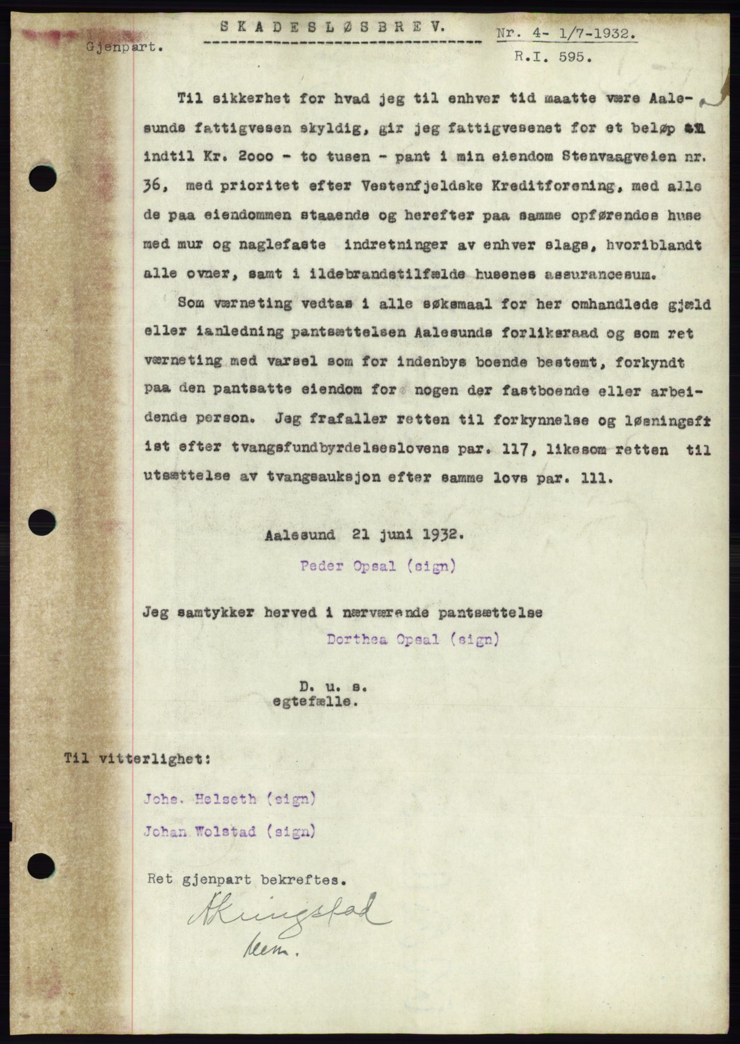 Ålesund byfogd, AV/SAT-A-4384: Pantebok nr. 30, 1932-1933, Tingl.dato: 01.07.1932