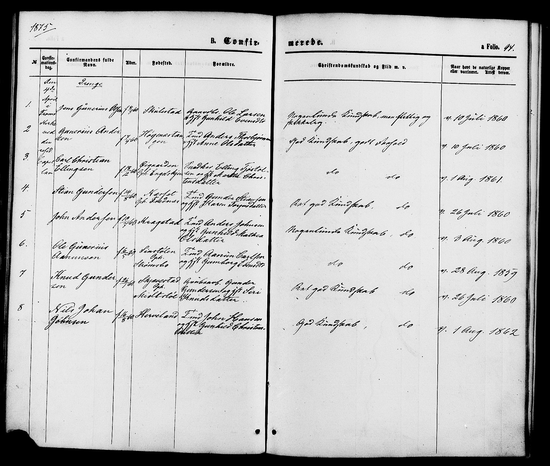 Austre Moland sokneprestkontor, AV/SAK-1111-0001/F/Fa/Faa/L0009: Ministerialbok nr. A 9, 1869-1879, s. 94