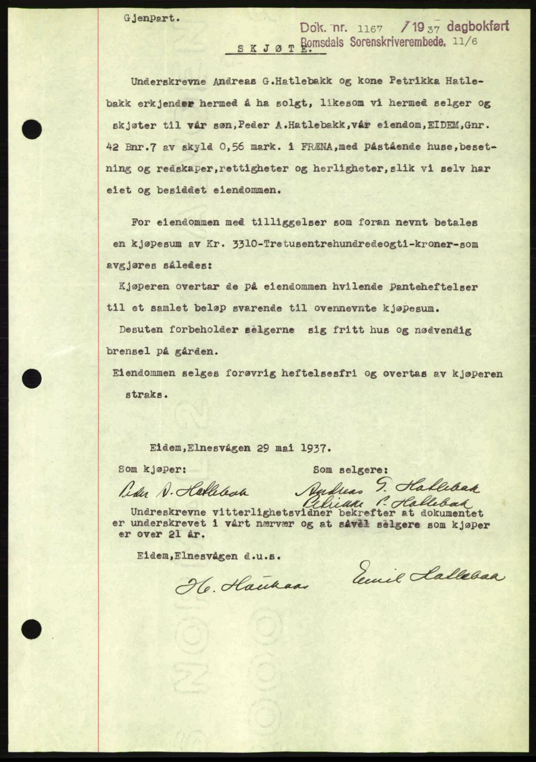 Romsdal sorenskriveri, SAT/A-4149/1/2/2C: Pantebok nr. A3, 1937-1937, Dagboknr: 1167/1937
