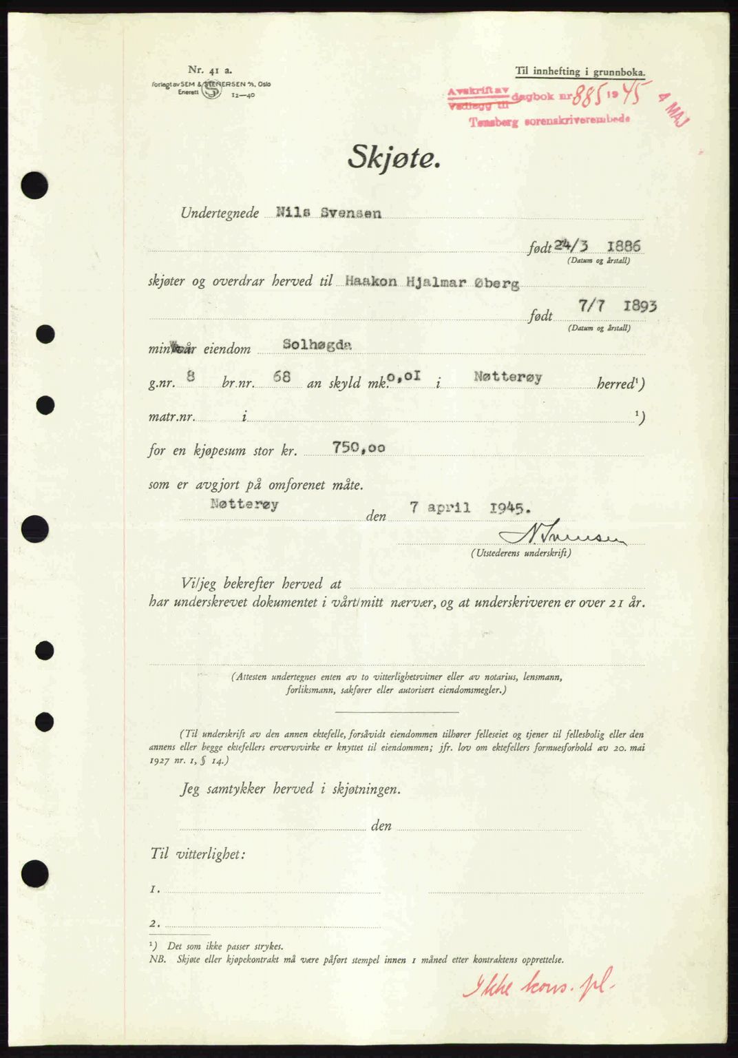 Tønsberg sorenskriveri, AV/SAKO-A-130/G/Ga/Gaa/L0017a: Pantebok nr. A17a, 1945-1945, Dagboknr: 885/1945