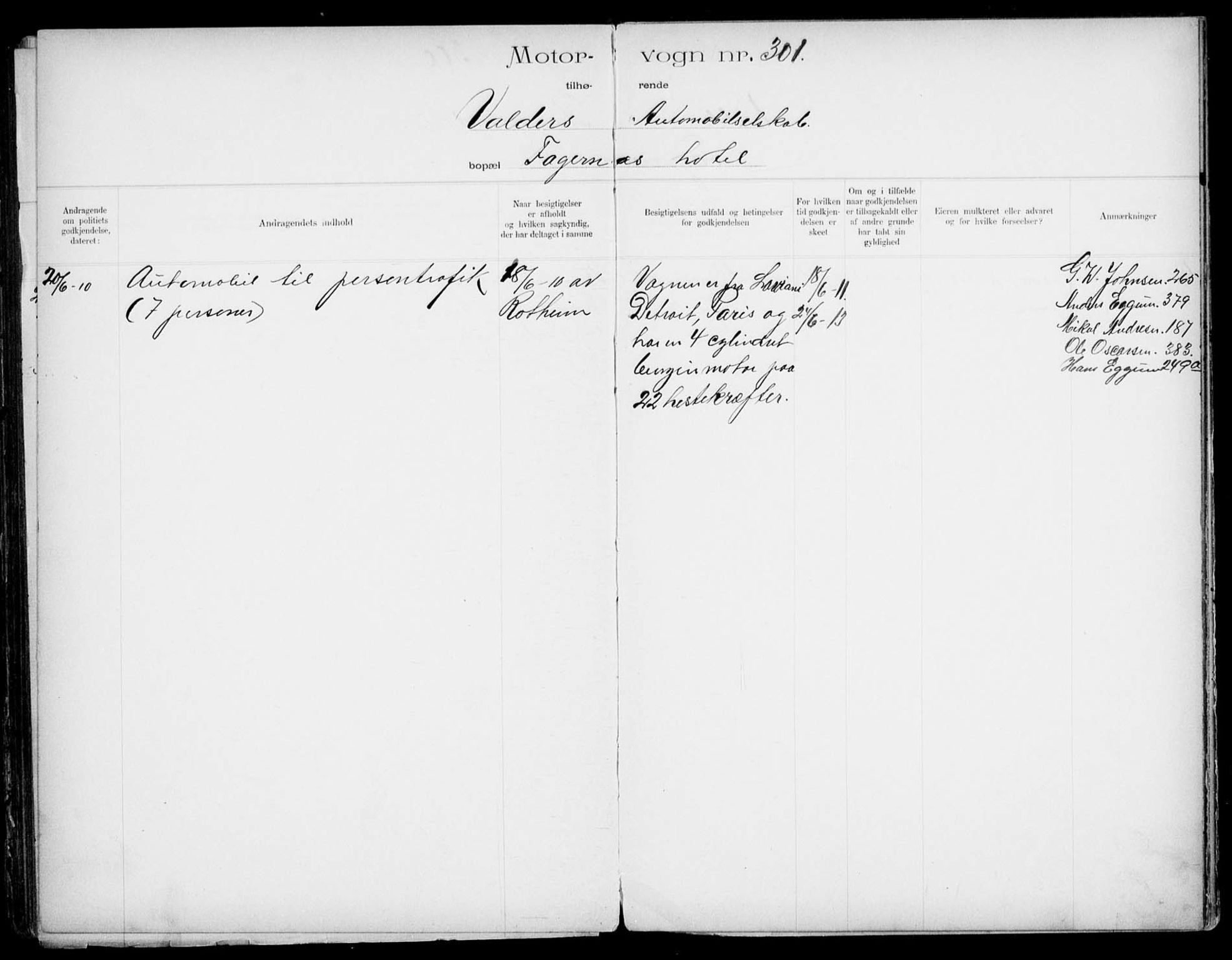 Vegdirektoratet, Bilavdelingen M, RA/S-1663/F/Fa/L0001: Bilregisterprotokoll. Reg.nr. 1-199 og 300-310, 1899-1914