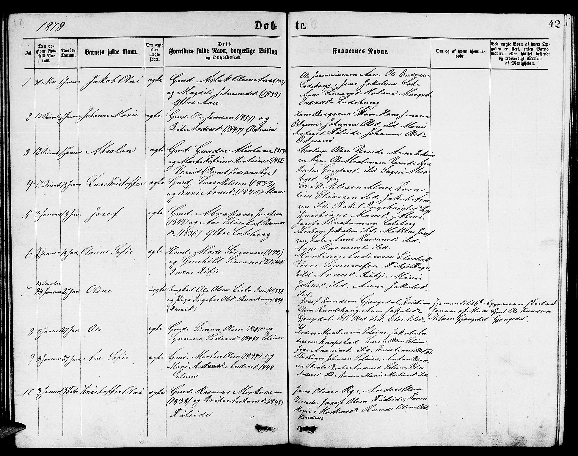 Gloppen sokneprestembete, AV/SAB-A-80101/H/Hab/Habb/L0001: Klokkerbok nr. B 1, 1872-1888, s. 42