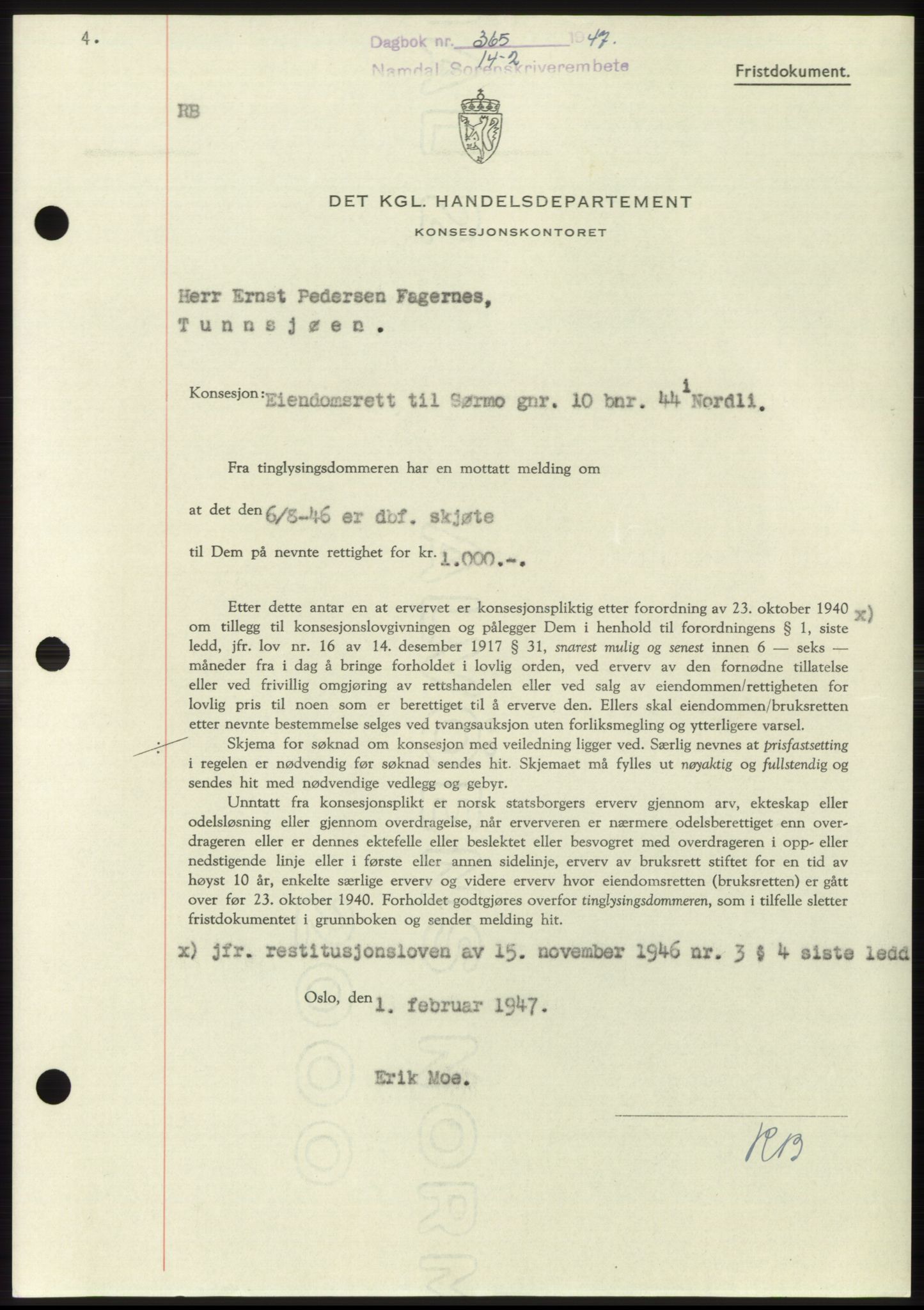 Namdal sorenskriveri, SAT/A-4133/1/2/2C: Pantebok nr. -, 1946-1947, Dagboknr: 365/1947
