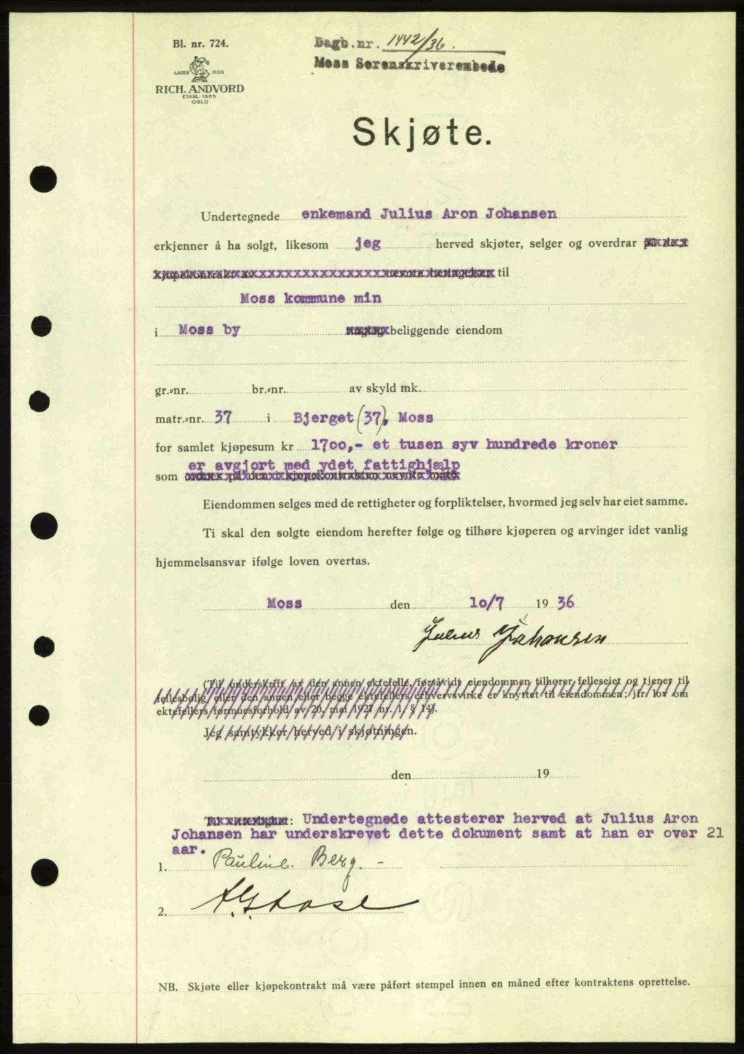 Moss sorenskriveri, SAO/A-10168: Pantebok nr. A1, 1936-1936, Dagboknr: 1442/1936