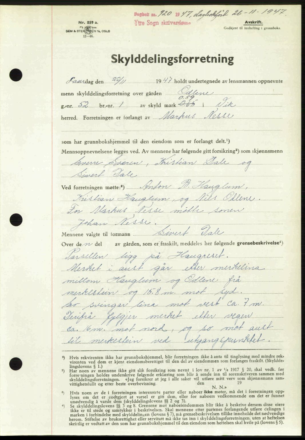 Ytre Sogn tingrett, SAB/A-2601/1/G/Gbb/L0005: Pantebok nr. A3 - A4 (B2), 1947-1948, Dagboknr: 920/1947