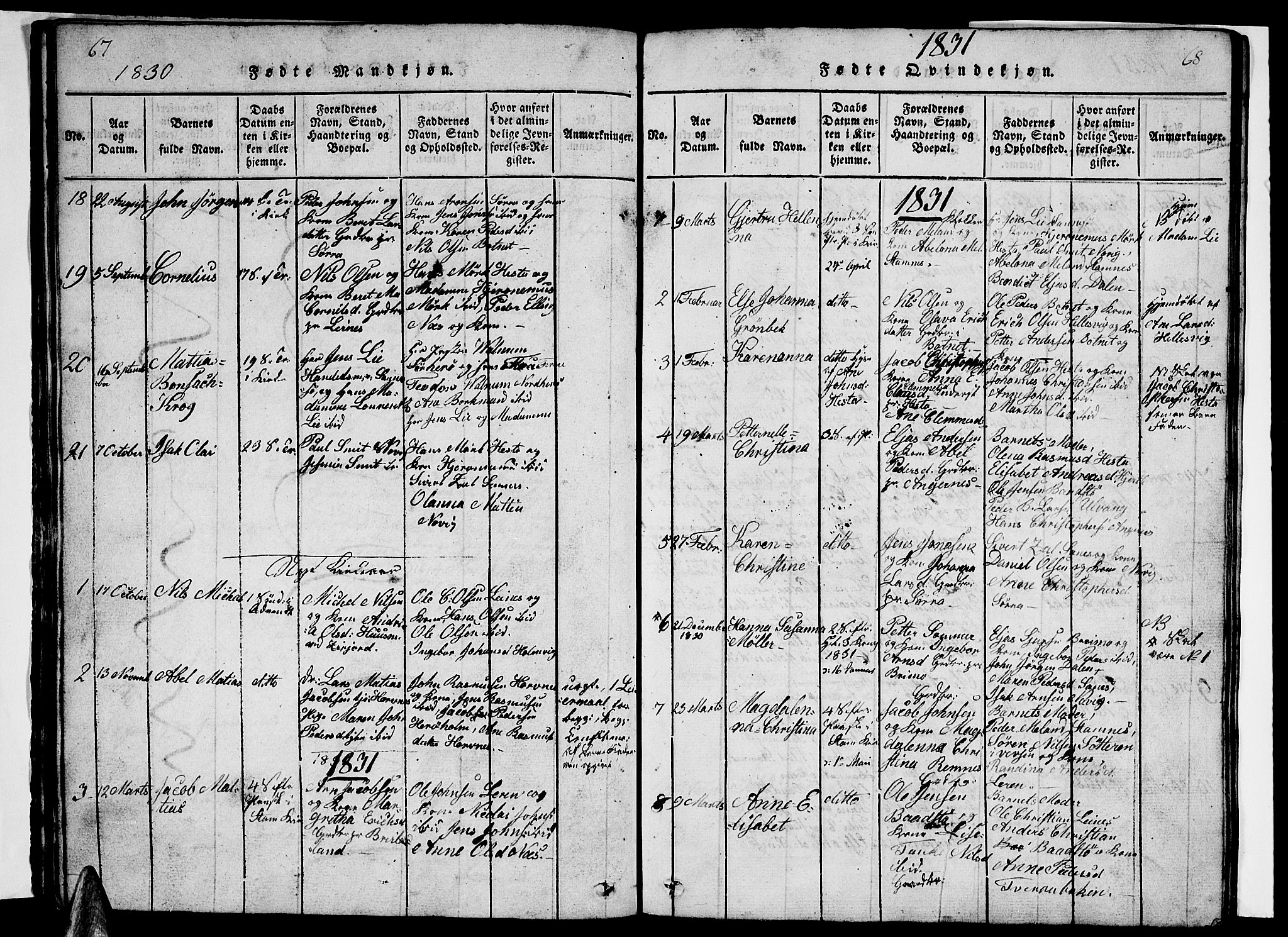 Ministerialprotokoller, klokkerbøker og fødselsregistre - Nordland, AV/SAT-A-1459/831/L0474: Klokkerbok nr. 831C01, 1820-1850, s. 67-68