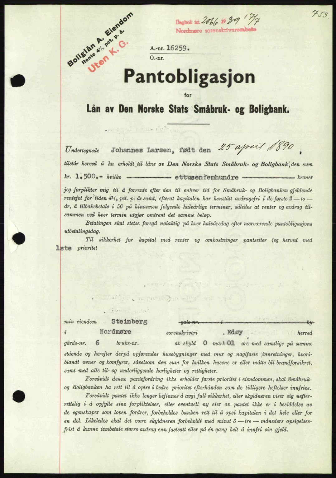 Nordmøre sorenskriveri, SAT/A-4132/1/2/2Ca: Pantebok nr. B85, 1939-1939, Dagboknr: 2066/1939