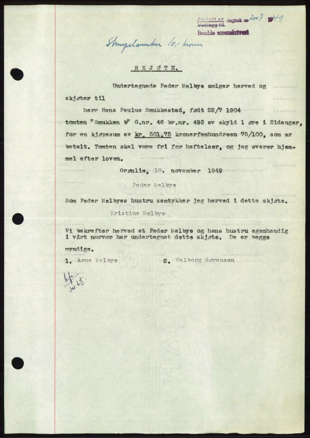 Bamble sorenskriveri, SAKO/A-214/G/Ga/Gag/L0015: Pantebok nr. A-15, 1949-1949, Dagboknr: 2007/1949