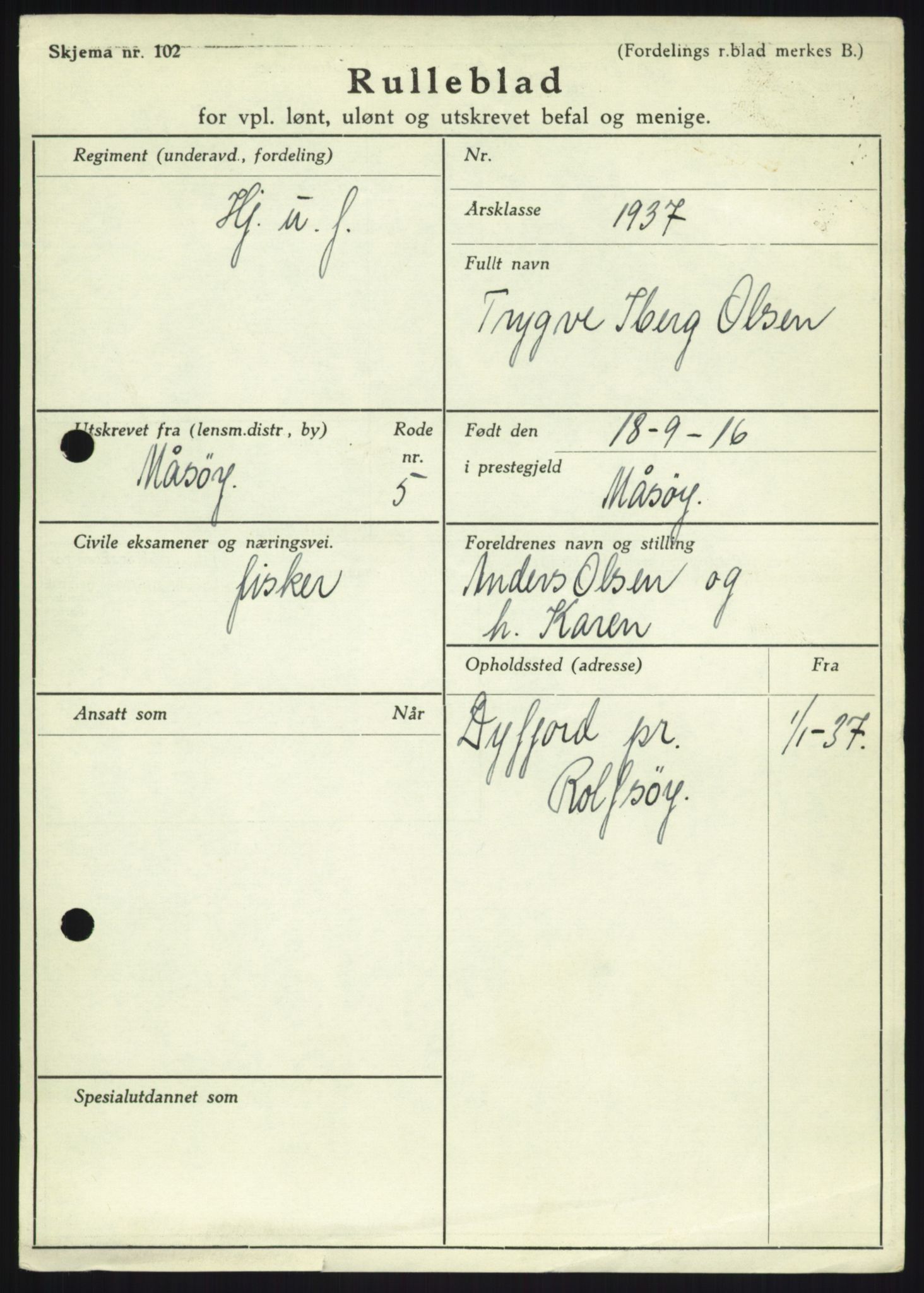 Forsvaret, Troms infanteriregiment nr. 16, AV/RA-RAFA-3146/P/Pa/L0021: Rulleblad for regimentets menige mannskaper, årsklasse 1937, 1937, s. 975