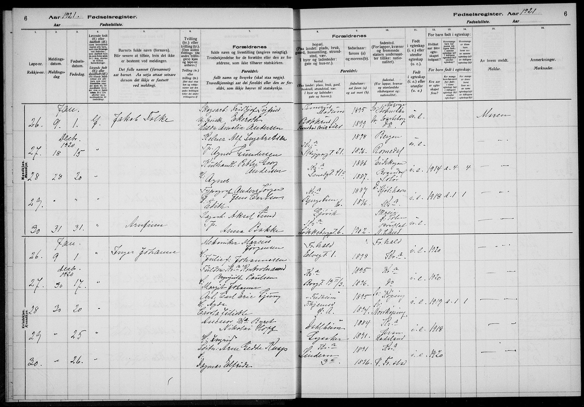 Rikshospitalet prestekontor Kirkebøker, AV/SAO-A-10309b/J/L0006: Fødselsregister nr. 6, 1921-1921, s. 6